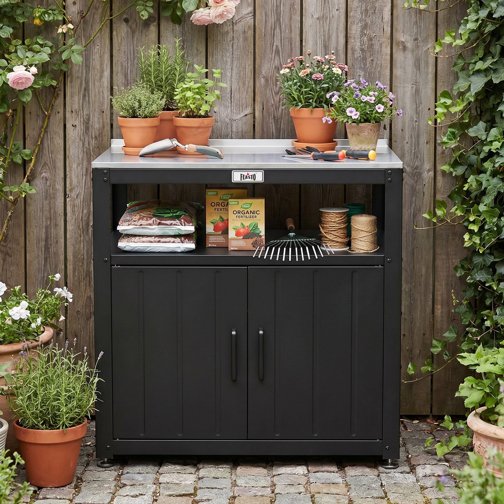 Servierwagen Gartenschrank wetterfest, Garten-Umtopftisch mit Schrank, 80x45x82 cm