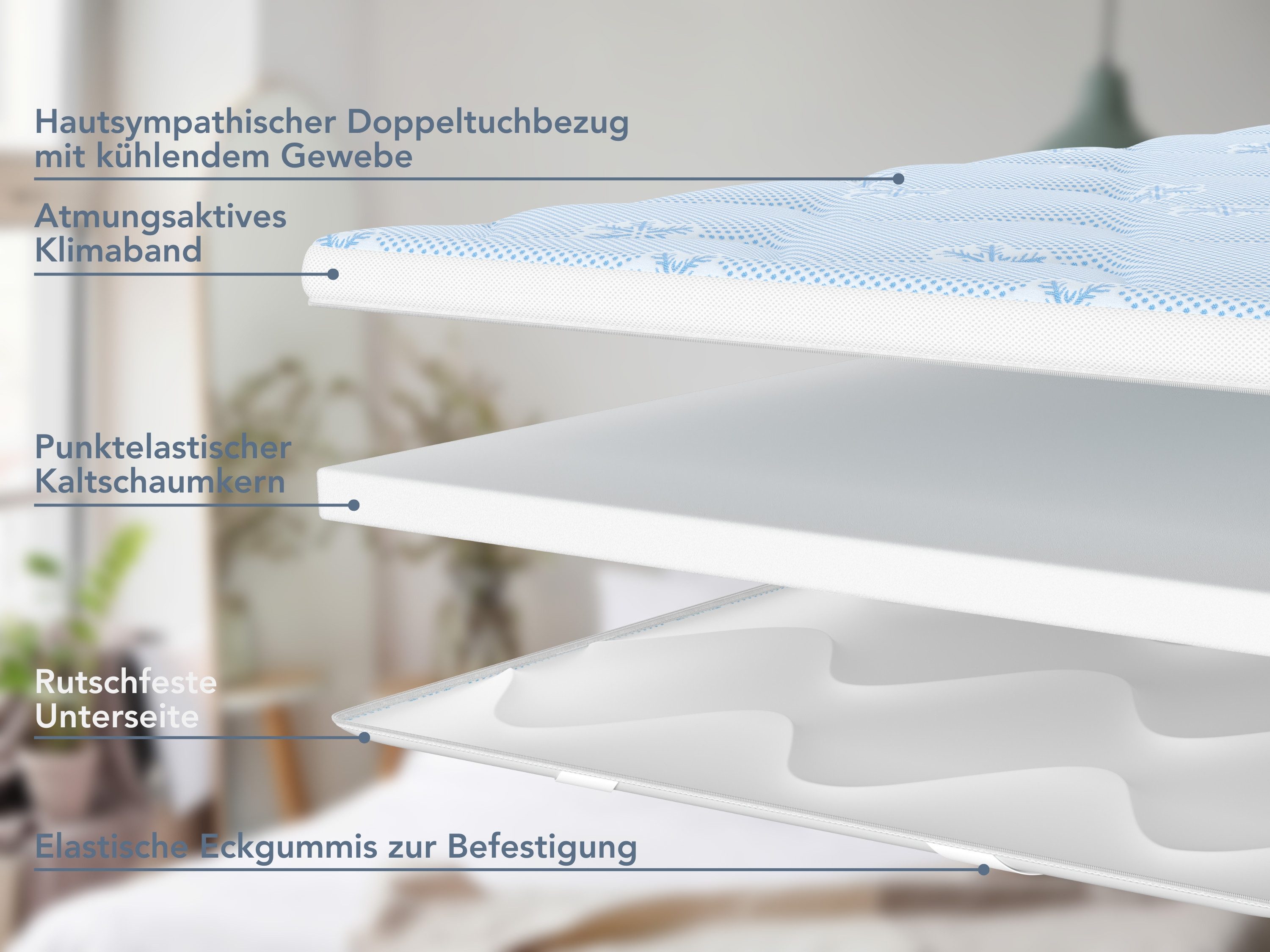 XDREAM, Topper kühlender Topper, 90x200, 140x200, 180x200 cm und weitere Größen, 6 cm hoch, ergonomischer Matratzentopper mit kühlendem Effekt