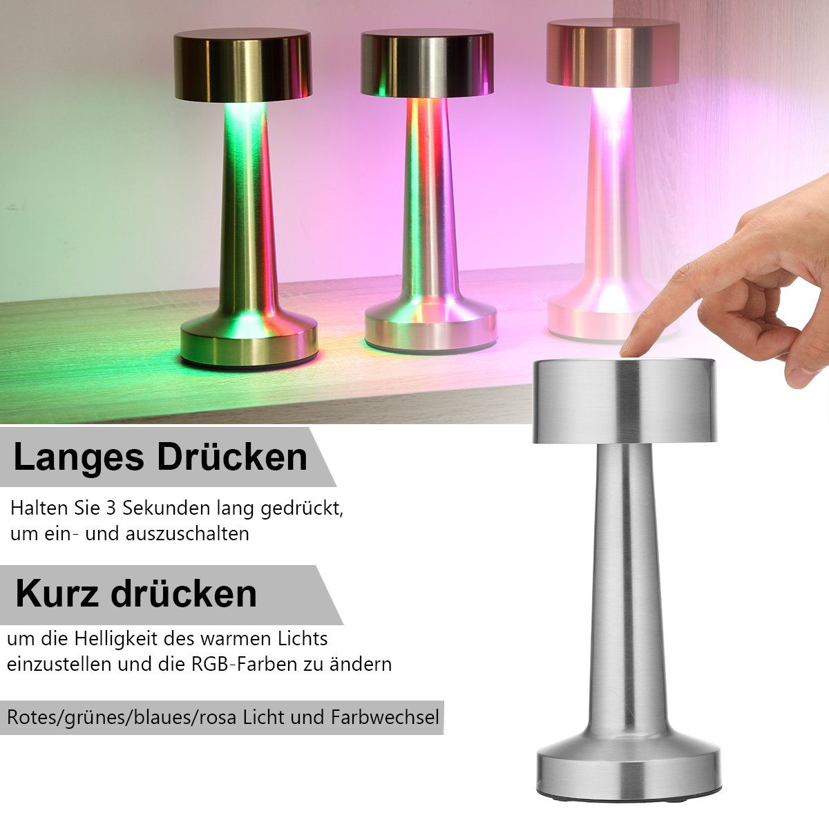 LETGOSPT integriert, Tischleuchte, LED Mit Silber Tischleuchte LED Touch Kabellos, Dimmbar, RGB, fest 1800mAh Tischlampe Wiederaufladbar Nachttischlampe Akku Dimmbar Akku, LED Tischleuchte