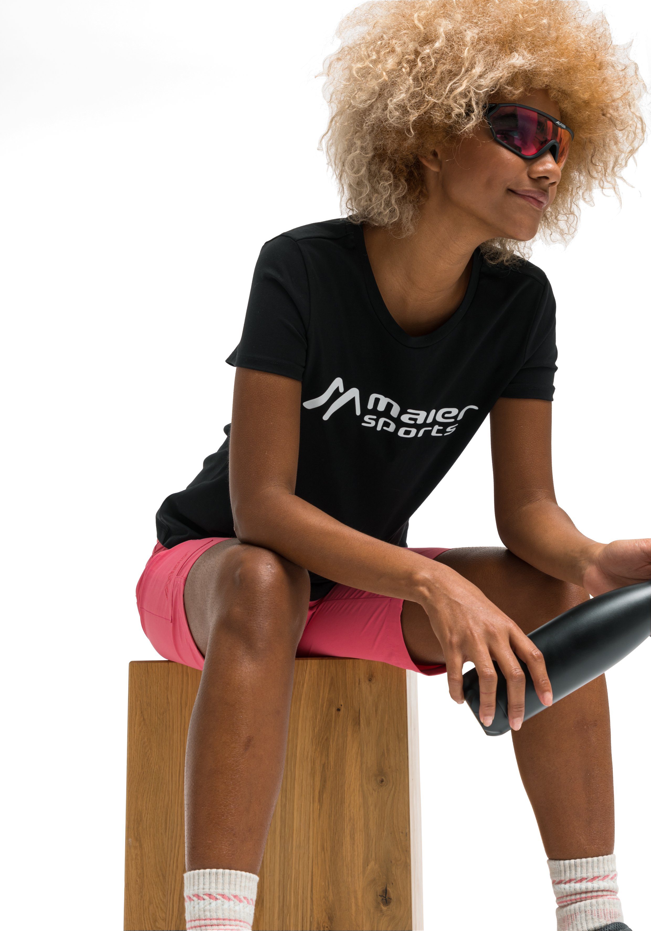 Rundhalsshirt MS W Funktionsshirt Tee Maier Vielseitiges elastischem Sports schwarz aus Material