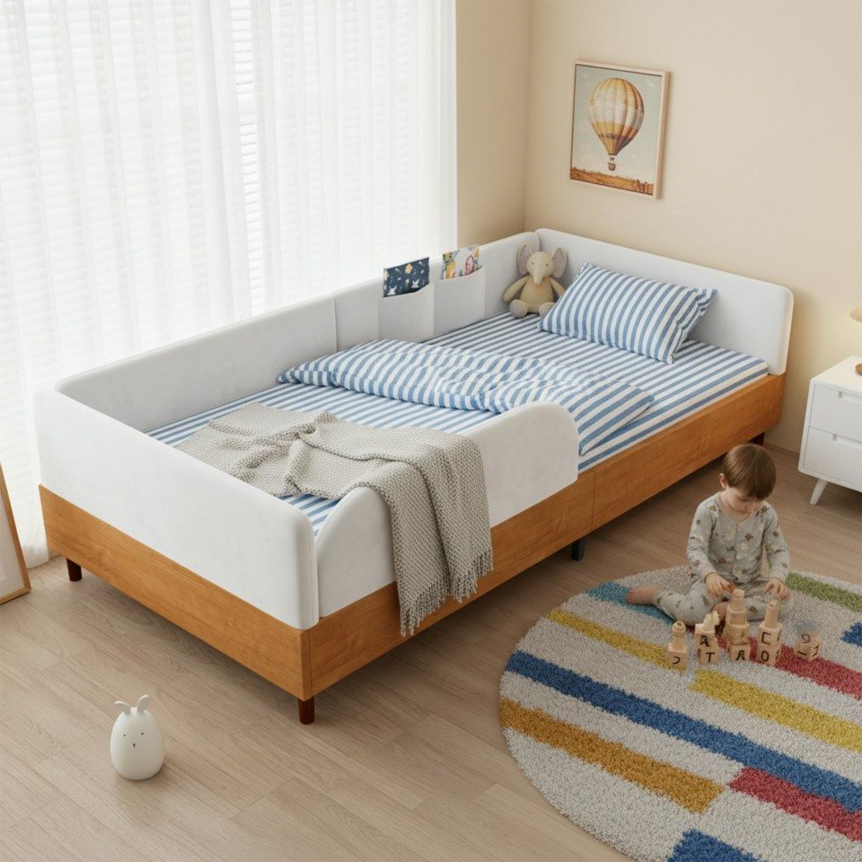 TavilaEcon Einzelbett Kinderbett, Polsterbett mit 2 Stautaschen & stabilem Bettrahme (1-tlg), mit weiche Antikollisions-Schwammkante, 90×200cm