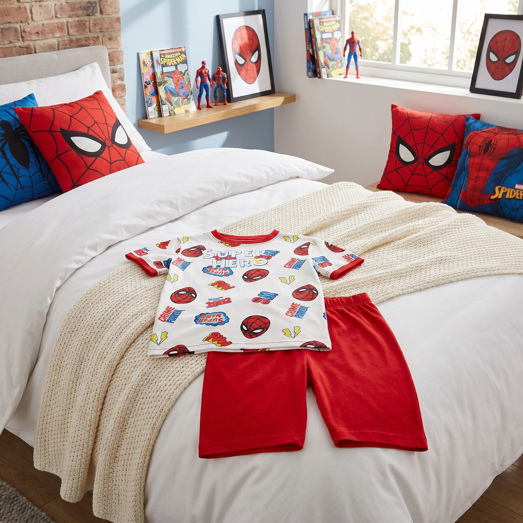MARVEL Schlafanzug Spiderman kurzarm Kinder Pyjama Gr. 104 bis 134, 100% Baumwolle, Blau oder Rot