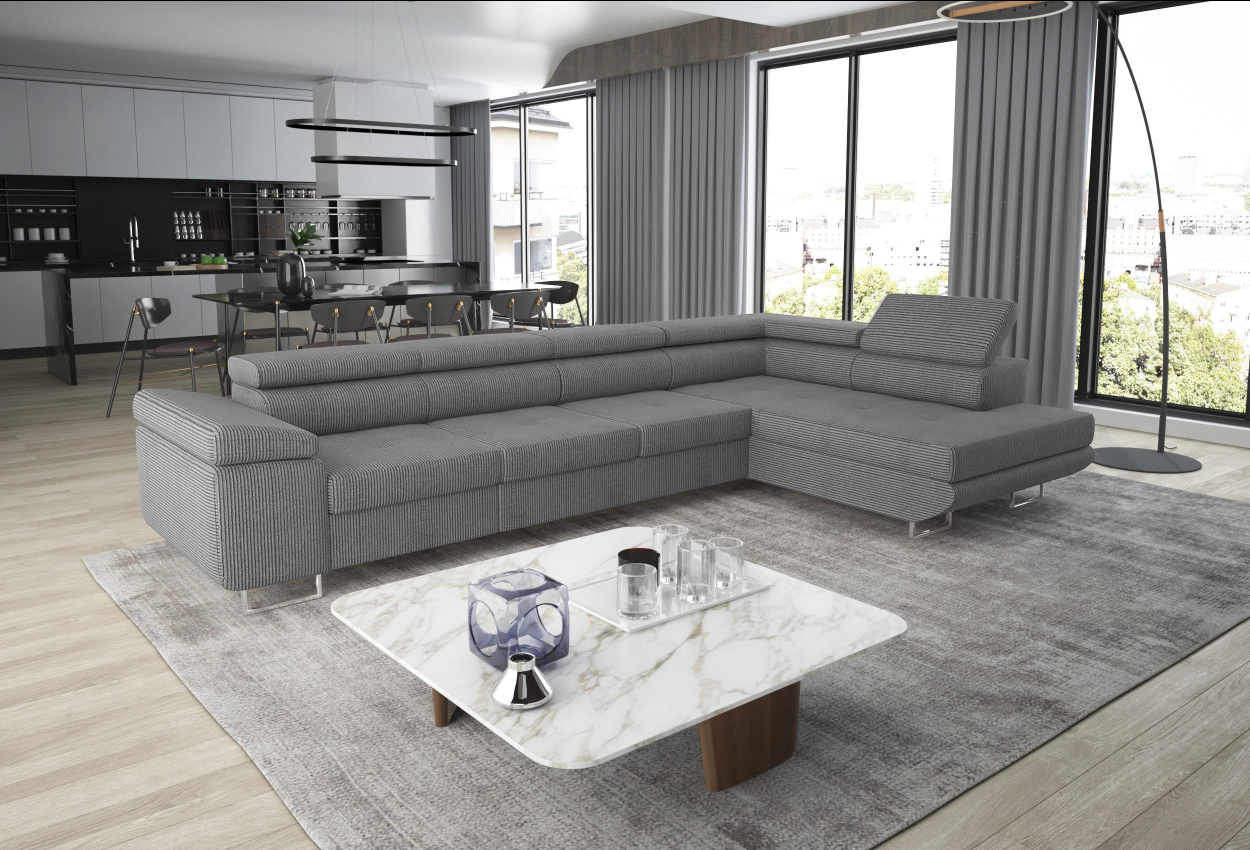 thematys Ecksofa ASTON LONG 355 x 204cm mit Schlaffunktion & Bettkasten – L-Sofa, mit 4 verstellbaren Kopfstützen, Cord (Poso) oder Samt (Monolith), - XXL Wohnlandschaft im modernen Design