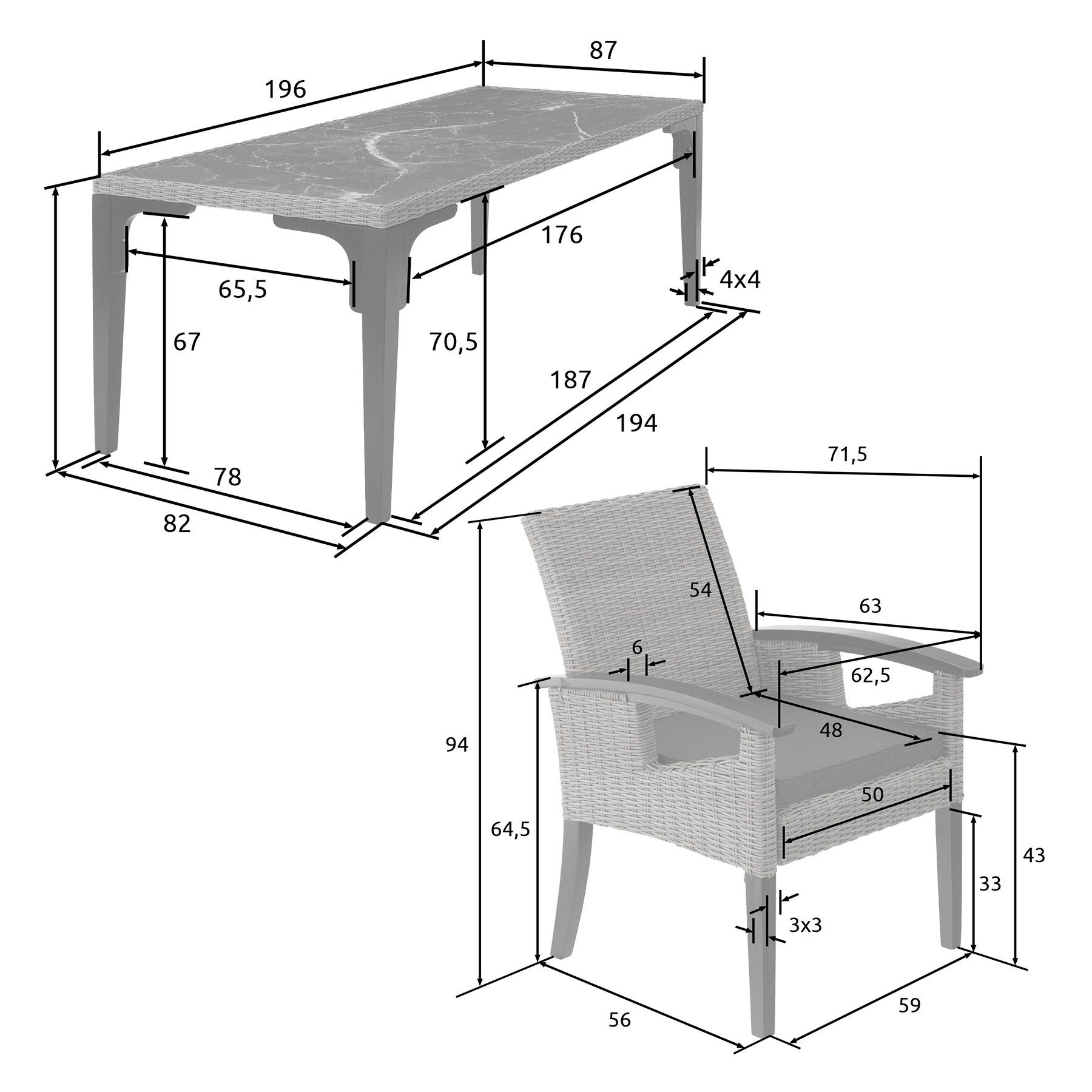 tectake Sitzgruppe 9-tlg) (Set, Foggia mit Stühlen grau Rosarno, Tisch Rattan 8