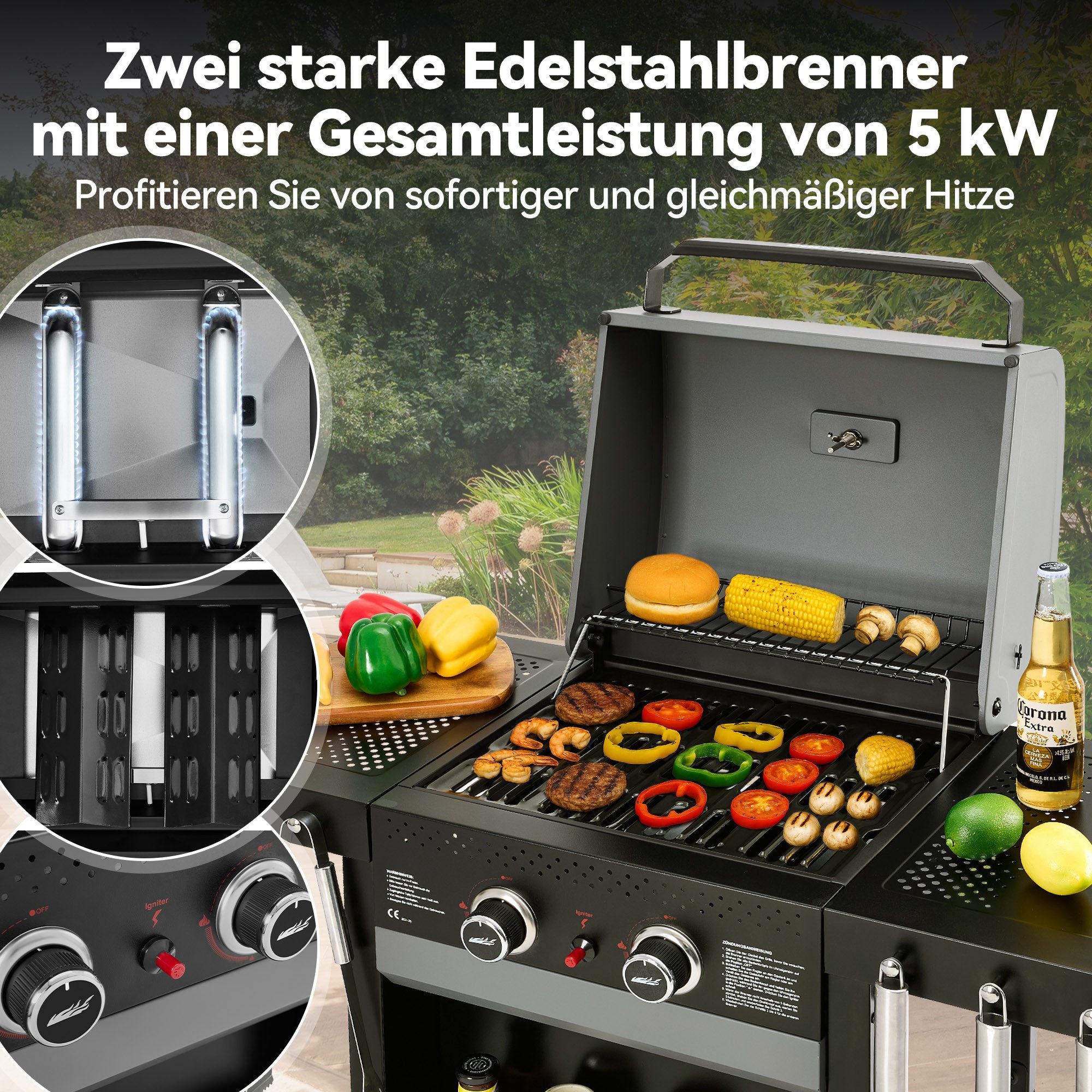 Royal Gourmet Gasgrill Grillwagen mit Gasbrennern, 2-Brenner (5 kW) oder 4-Brenner (10 kW), 2-Brenner, Grillwagen mit zwei 2,5 kW-Brennern