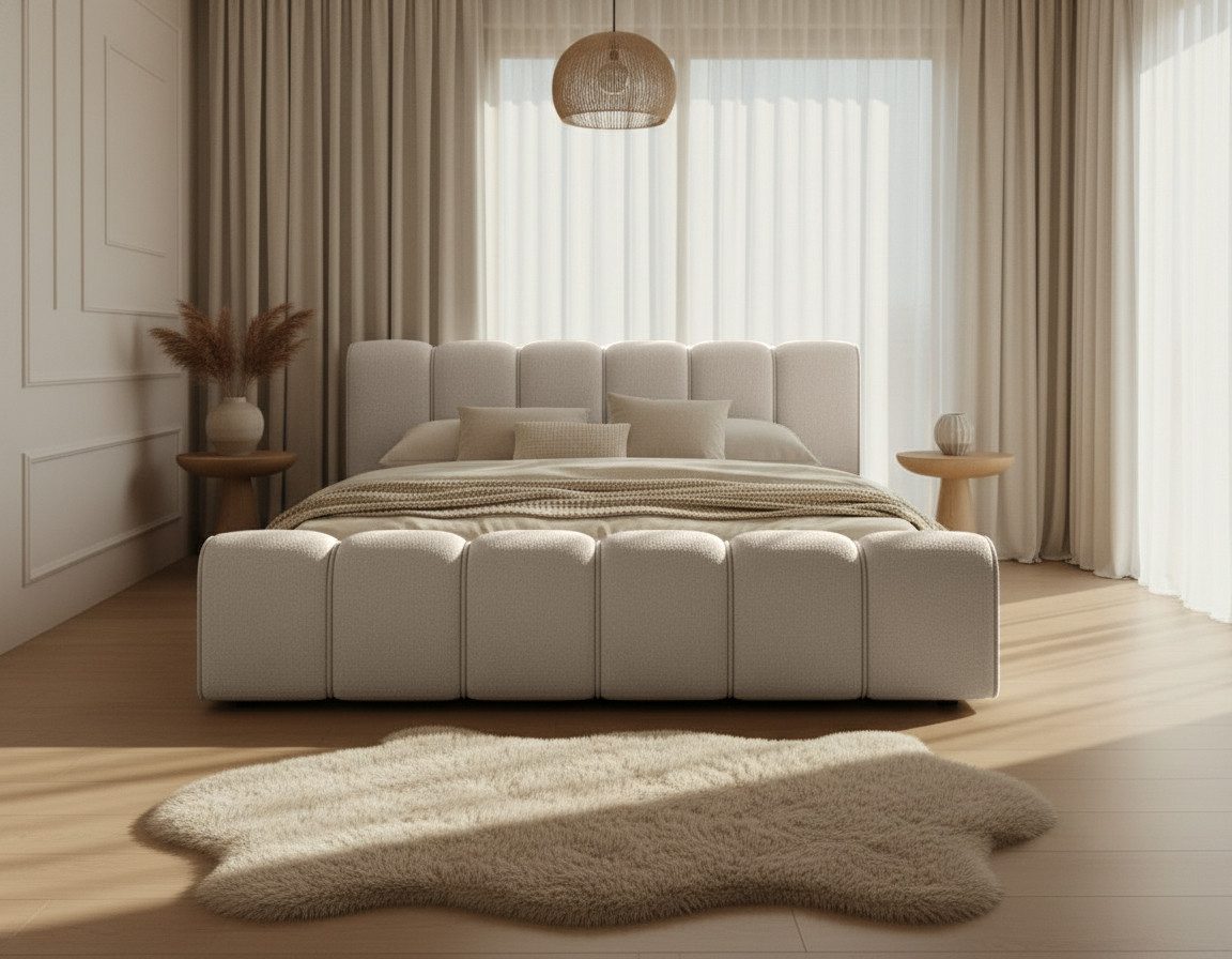 yourhouse24 Polsterbett Designer Loop Bouclé (Bettgestell mit Lattenrost und Bettkasten), Boucle-Stoff, Steppkopfteil, Bettkasten, pflegeleicht, stilvoll