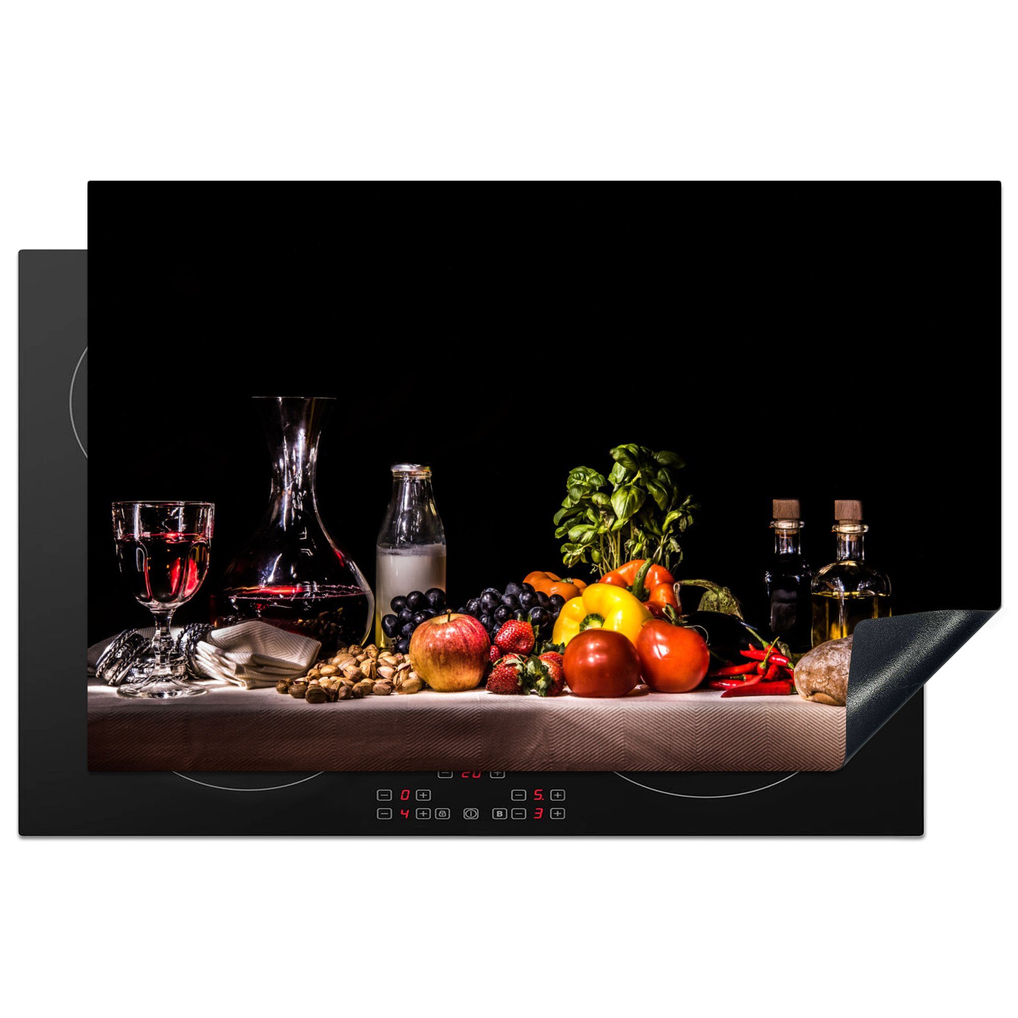 Trinken - Arbeitsplatte Obst Essen cm, - Ceranfeldabdeckung, (1 MuchoWow tlg), für Stilleben küche Schwarz, 81x52 Vinyl, - - Herdblende-/Abdeckplatte