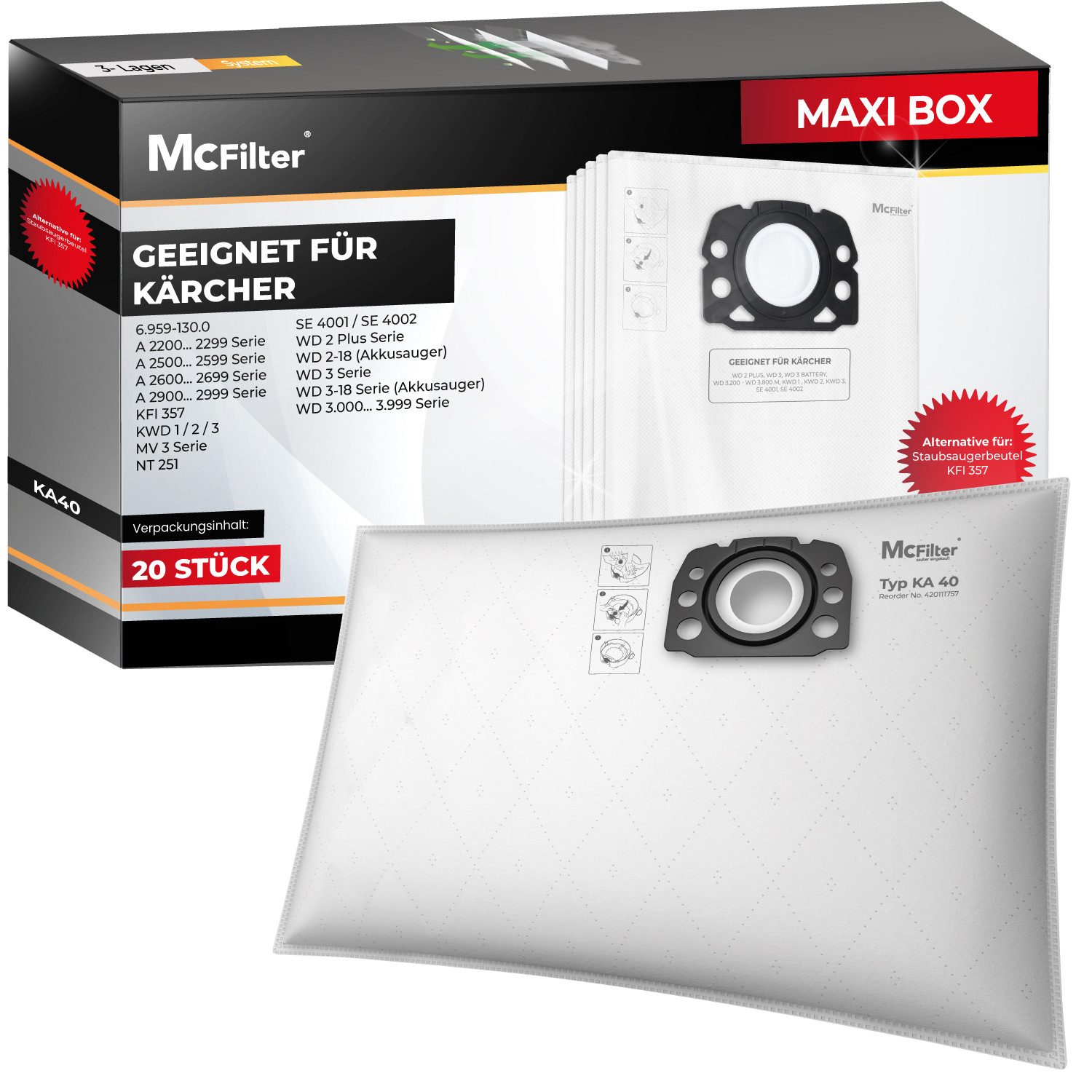 McFilter Staubsaugerbeutel Staubbeutel, passend für Kärcher KFI 357, WD 2 Plus, WD 3 Serie, KWD 1-3, SE 4001, SE 4002, 20 St., wie 2.863-314.0, für Nass-/Trockensauger, Kunststoffdeckscheibe