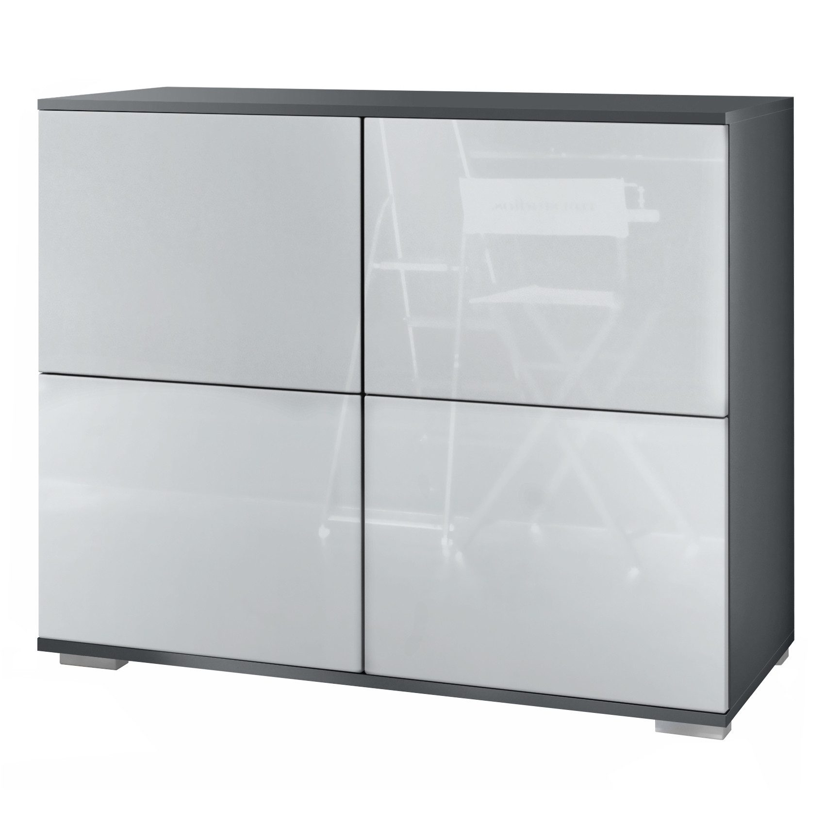 Vladon Kommode Rova V3 (Moderner Küchenschrank, mit 4 Push-to-Open Türen), Anthrazit matt / Weiß Hochglanz (92,5 x 75.5 x 35)