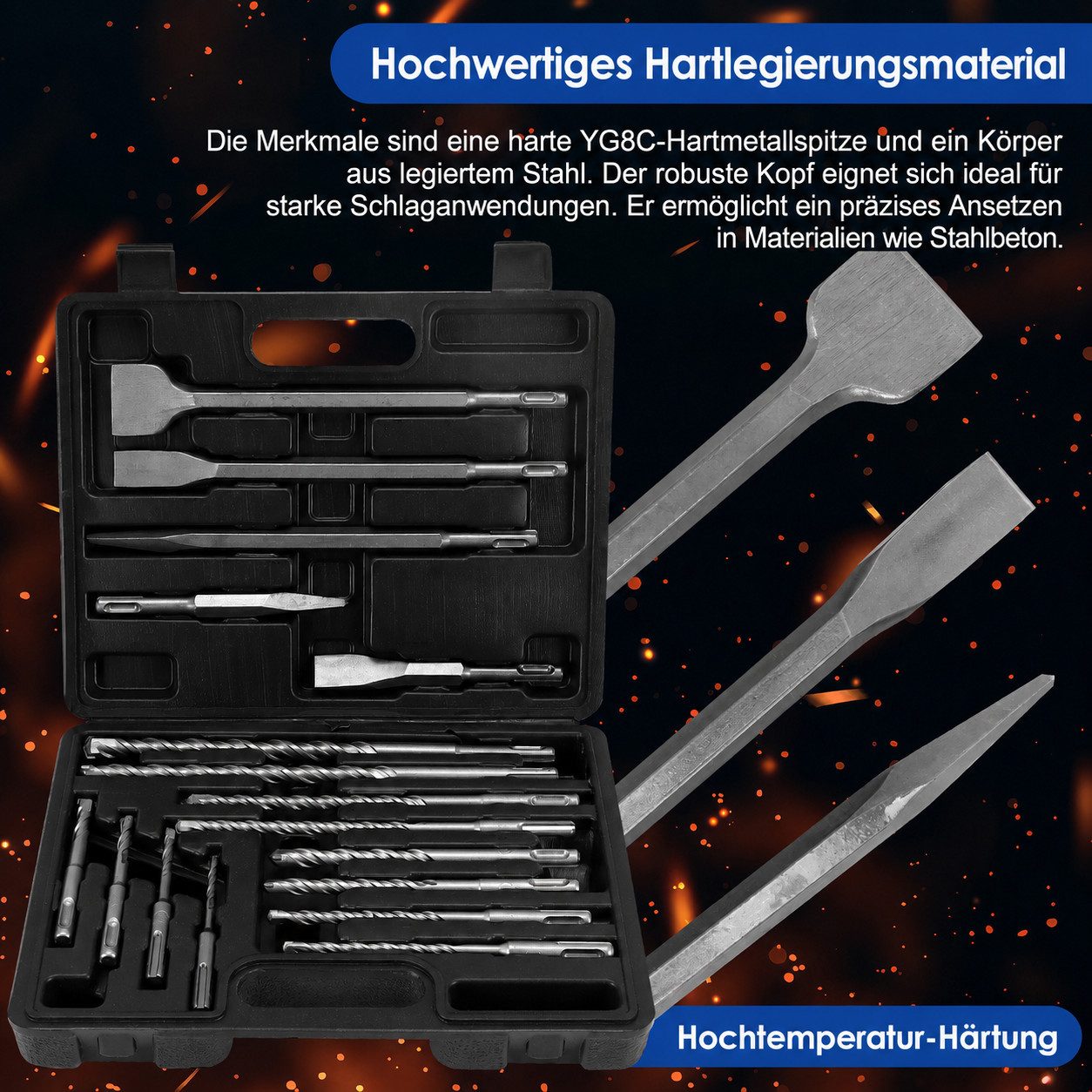 BlingBin Bohrer- und Meißelsatz 17tlg Bohrhammer SDS Plus Bohrer und Meißel Set ink, (SDS-Bohrer-Set – 17-teilig, 17-tlg., mit Bohren und Meißeln im Koffer, Ham – Bild 2 von 5