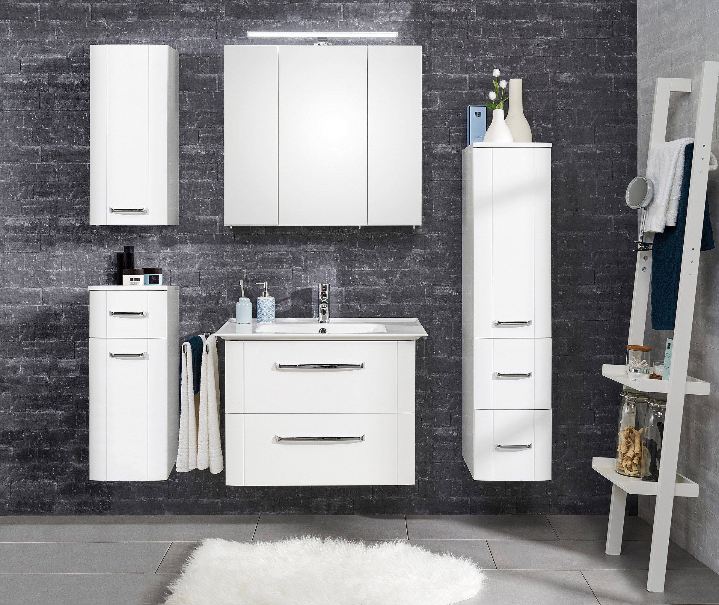 Saphir Midischrank Serie 3006 Badschrank 30cm,1 Tür, 2 Schubladen, Türdämpfer 2 Glas-Einlegeböden, Badezimmer-Midischrank 130 cm hoch, 38 cm tief