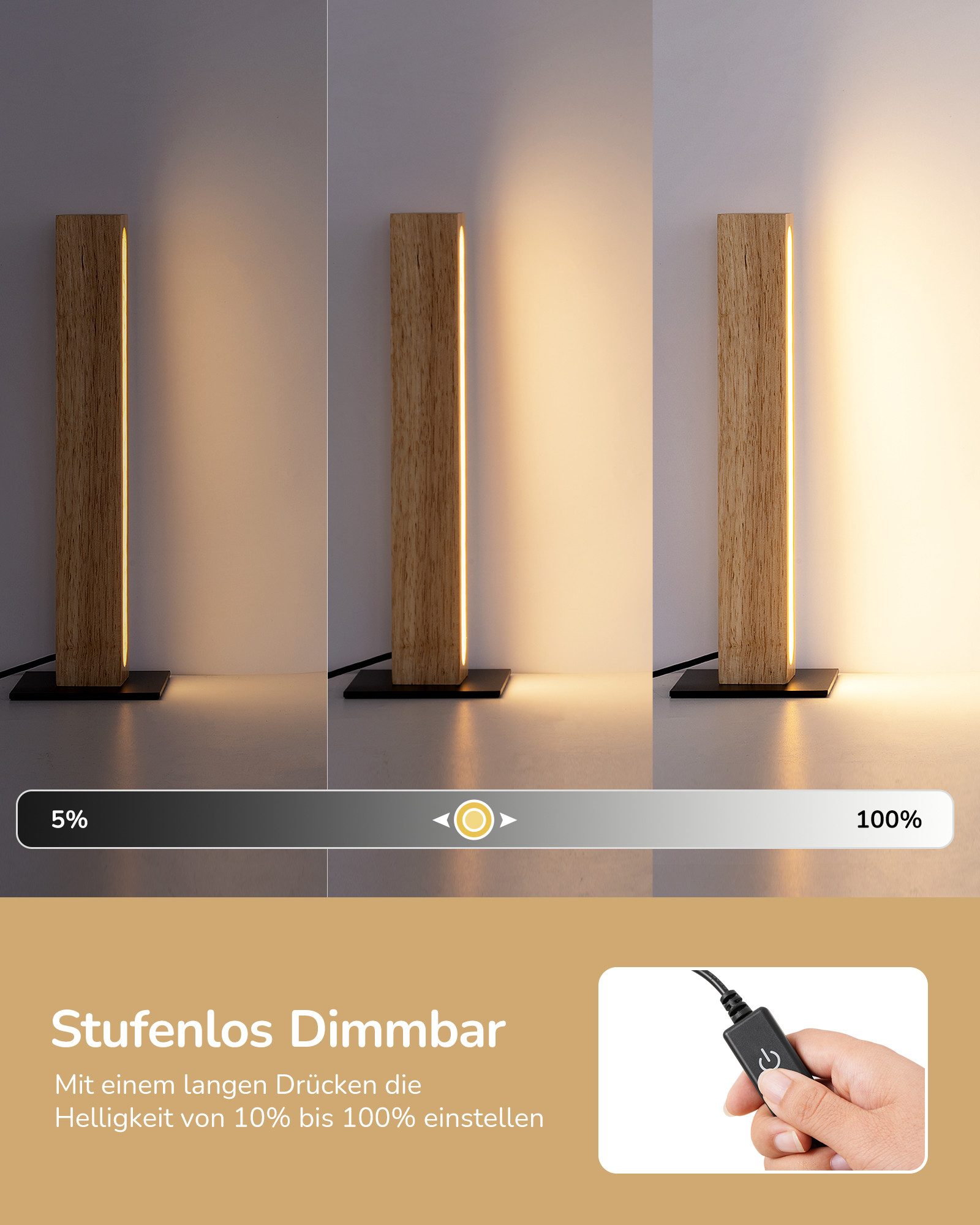 EDISHINE LED Nachttischlampe säulenförmig Holz, LED fest integriert, 3000K-4500K-6000K, Touch Dimmbar, Stehleuchte für Zimmer-ecke, Höhe 27cm