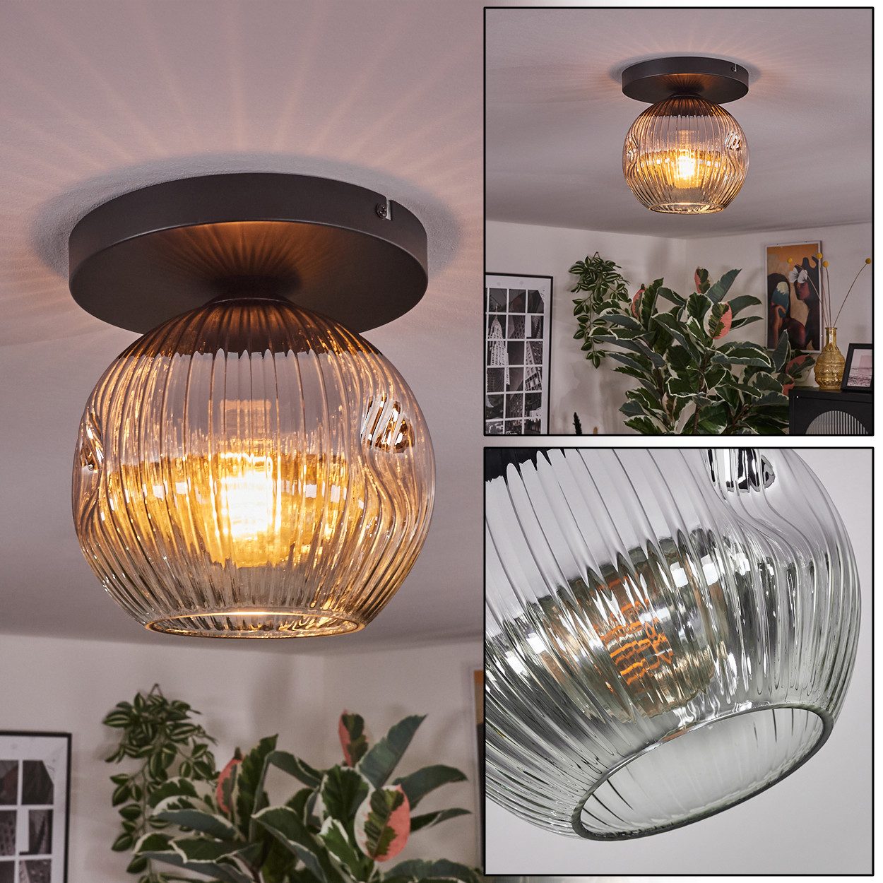 Deckenleuchte Deckenlampe aus Metall/Riffelglas in Schwarz/Chrom-/Rauchfarben/Klar