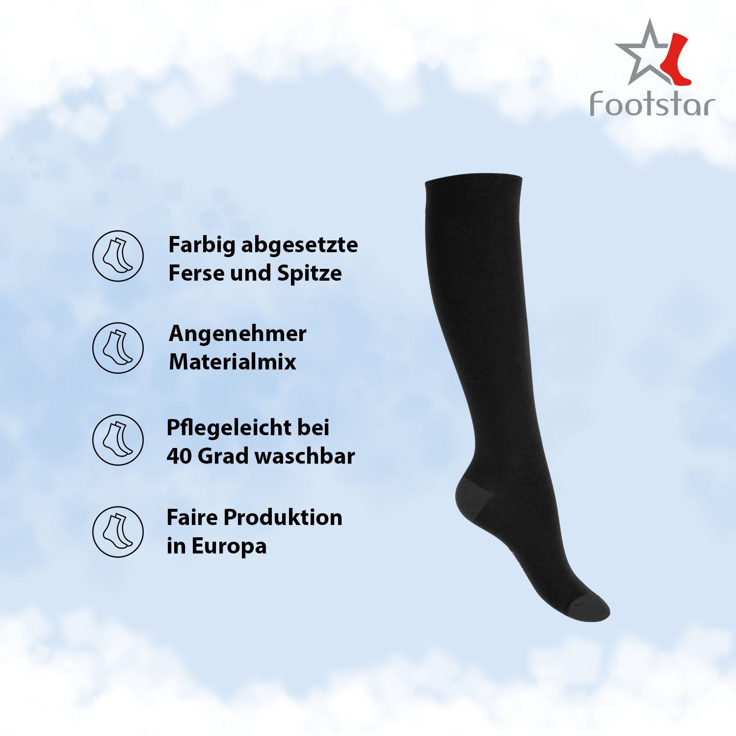 Footstar Langsocken Kinder Baumwoll Kniestrümpfe (5 Paar) abgesetzte Ferse/Spitze – Bild 2 von 4