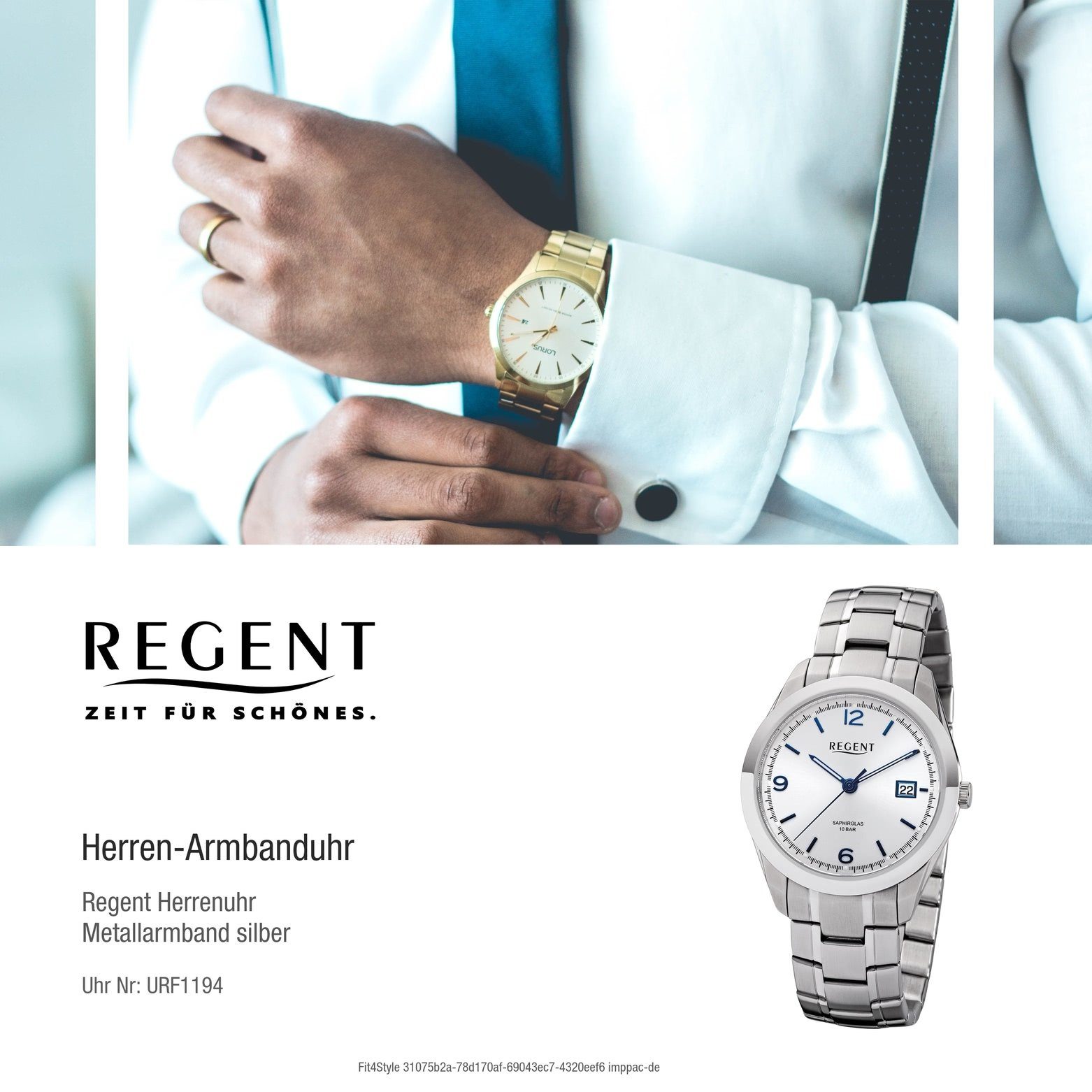 Regent Quarzuhr Metall groß Uhr (ca. Metallarmband Quarz, Regent rund, Herren 40mm), Herren Armbanduhr F-1194