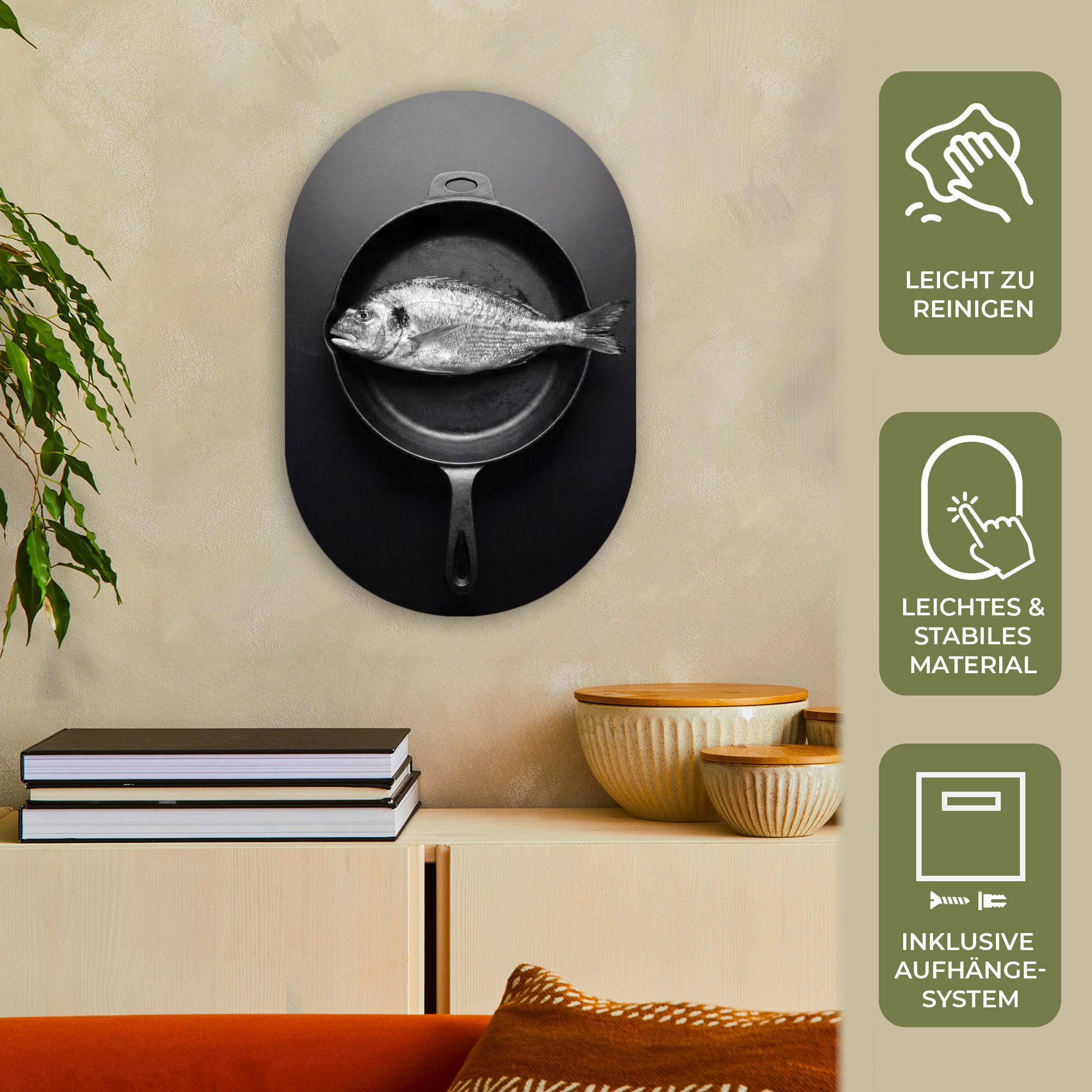 MuchoWow Gemälde Pfanne - Fisch - Schwarz - Weiß, Fotodruck (1 St), Wandbild Oval, Wohnzimmer oder Schlafzimmer Wanddekoration, 40x60 cm