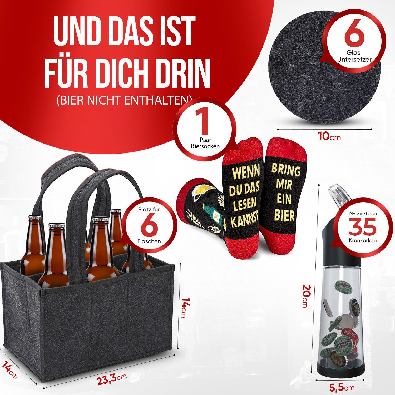 wortek Flaschenträger Männerhandtasche Filz Geschenkset für Männer (Set, 4-St), Geschenkset Männer, Geschenkset Bier