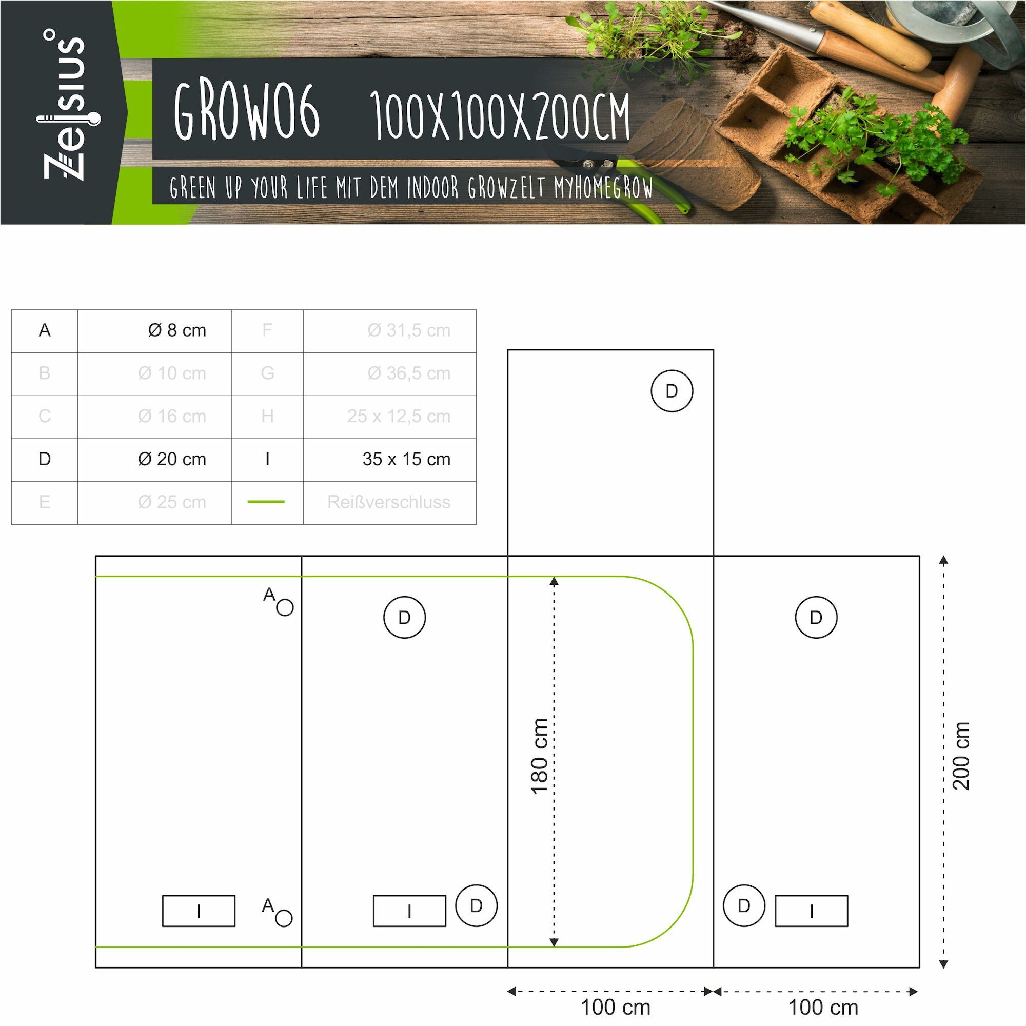 Thumbnail - Zelsius Gewächshaus Grow Tent 100 x 100 x 200 cm schwarz/grün Pflanzenzucht Indoor