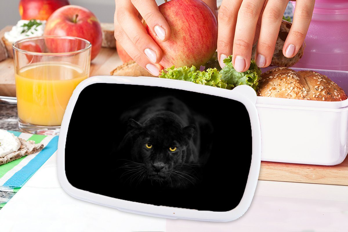 Kunststoff, Leopard Mädchen weiß Brotdose, (2-tlg), Schwarz, Lunchbox Augen und - Erwachsene, für für Brotbox - und Kinder MuchoWow Jungs