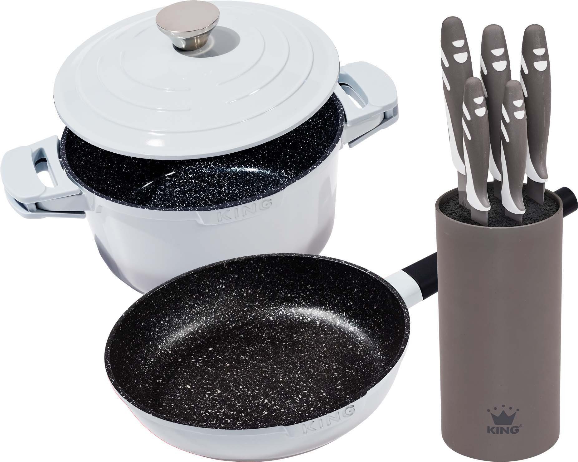 KING Topf-Set Shine Grey, Aluminiumguss (Set, 8-tlg., 1x Schmortopf 24 cm, 1x Bratpfanne 28 cm, Messerblock mit Messer), Induktion