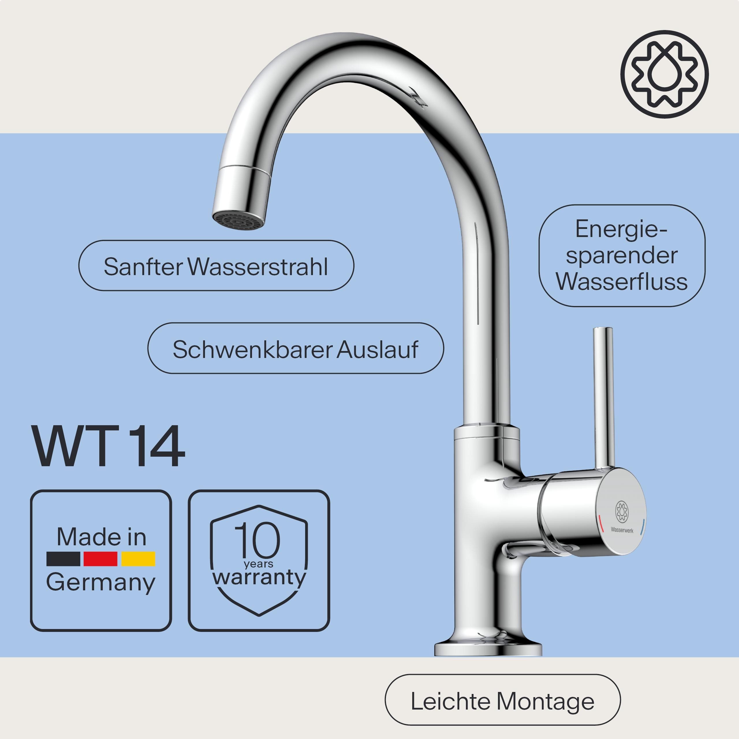 WASSERWERK Waschtischarmatur WT 14 inkl. Popup, 360° schwenkbar, geräuscharm, wassersparend