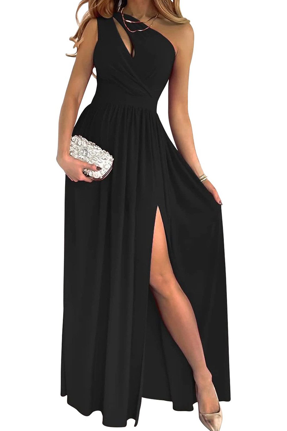 B.X Abendkleid Frauen Eine Schulter Hohl Schlitz Langes Kleid Elegante Ärmellose Hohe Taille Party Geraffte Maxi Kleid Party Formale Kleid