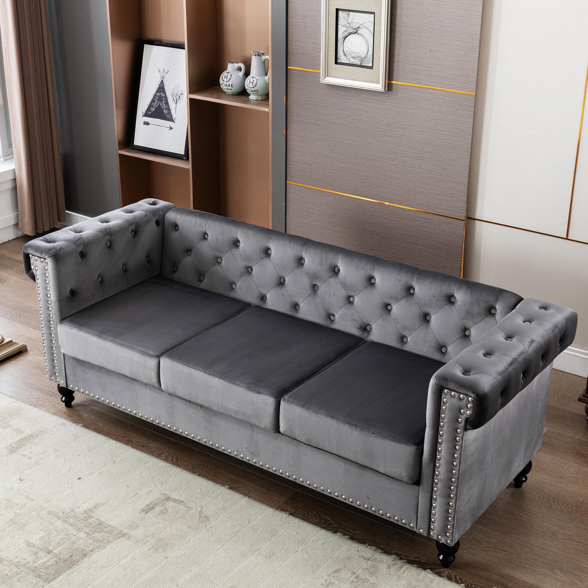 3-Sitzer, mit edler Knopfheftung und typischen Armlehnen, Sofa in Chesterfield-Optik, mit Federkern und Holzfüße, Bezug aus Samt