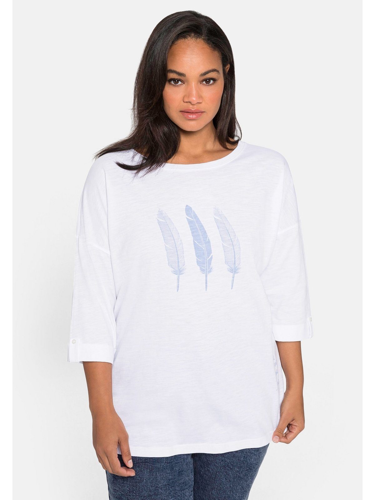 Sheego 3/4-Arm-Shirt Große Größen aus Flammgarn, mit Federn-Druck