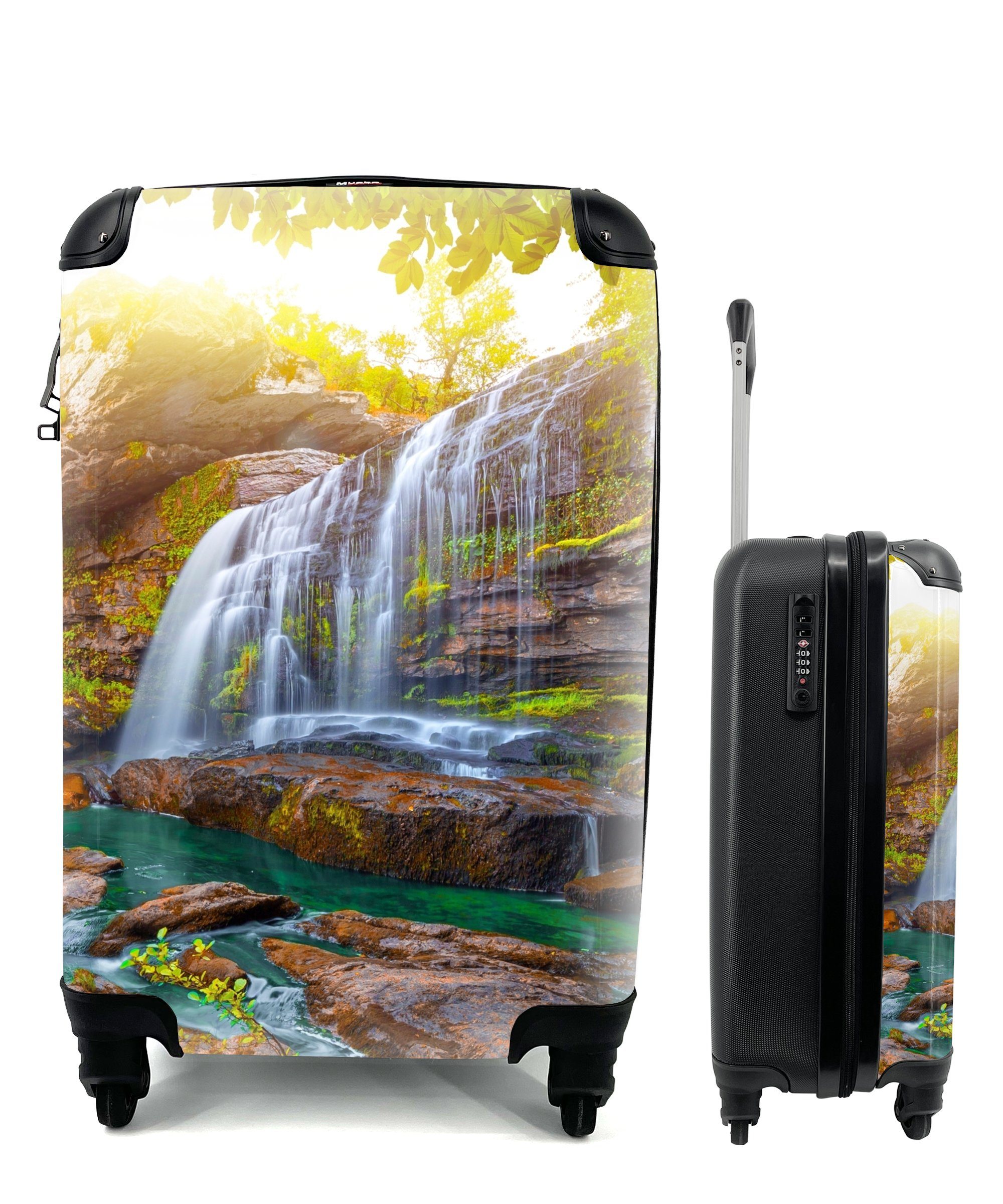 MuchoWow Handgepäckkoffer Natur - Wasserfall - Pflanzen - Bäume - Sonne, 4 Rollen, Reisetasche mit rollen, Handgepäck für Ferien, Trolley, Reisekoffer