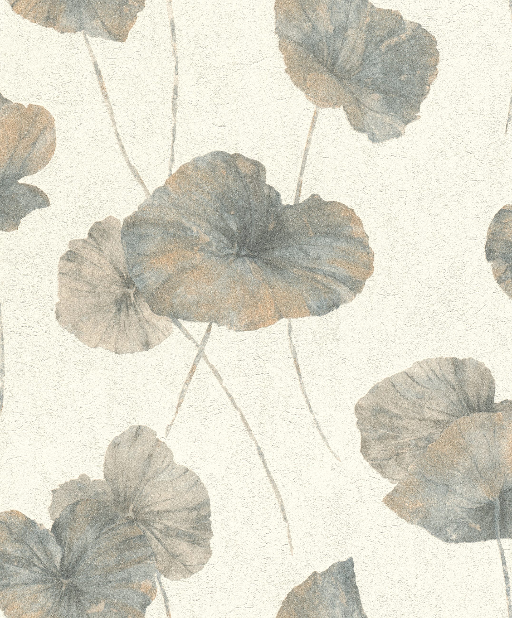 Rasch Vliestapete Florales Muster - Vliestapete Weiß Creme Grau Blau, Naturoptik, (1 Rolle, 1 St., 10,05 m x 0,53 m), gute Lichtbeständigkeit, feucht abwischbar, restlos abziehbar