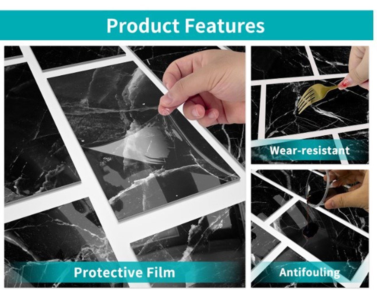 feinlux Wandfliese Wandfliese 16 Stück Fliese Aufkleber Fliesensticker, black, Set, Vintage Boden Wandabziehbild, Aufkleber selbstklebende Fliese 3D Kunst DIY Küche Bad Backsplash