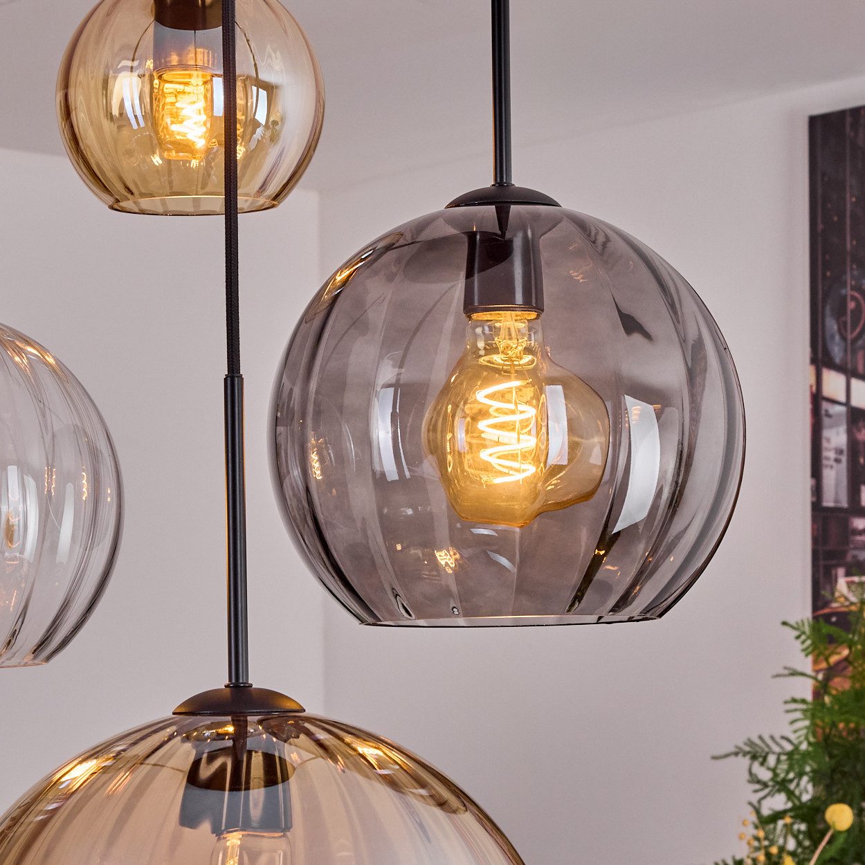hofstein Hängeleuchte Hängelampe aus Metall/Riffelglas in Schwarz/Bernstein/Rauch/Klar, ohne Leuchtmittel, Pendelleuchte im Vintage-Design (Schirme Ø 15; 20; 25; 30 cm), 4 x E27