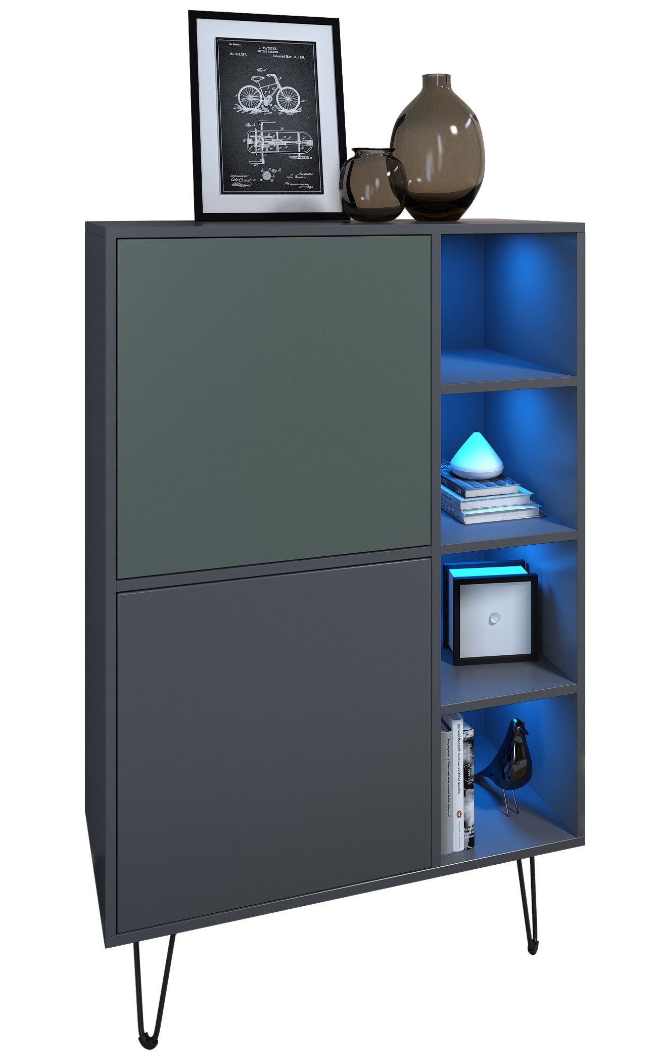 Vladon Sideboard Havana V1 (Sideboard mit 2 Türen und 4 offene Fächer, Kommode mit LED, Made in Germany), Anthrazit matt / Anthrazit matt (124 x 79 x 35 cm)