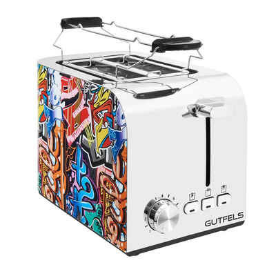 Gutfels Toaster TOAST 3010 G, 850 W, 2-Scheiben Graffiti-Style Toaster, 7 Leistungsstufen, Zentrierfunktion, abnehmbarer Brötchenaufsatz, 850 Watt, Auftau-, Aufwärm-, Stoppfunktion, elektr. Bräunungskontrolle, Krümelschublade, Höhenlift