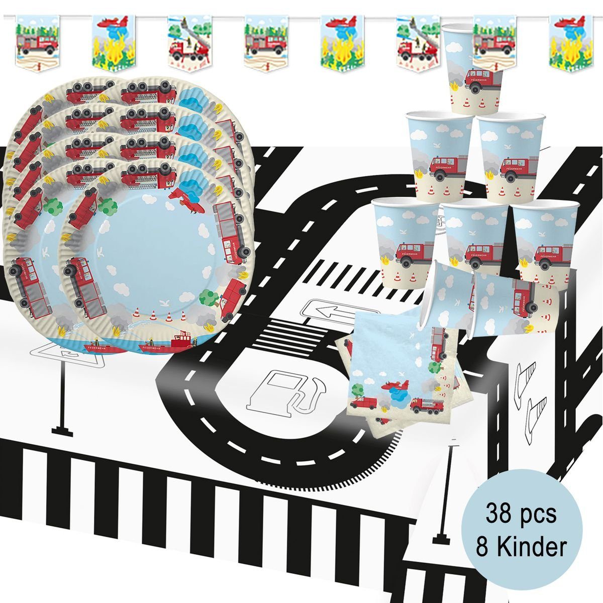 dh konzept Einweggeschirr-Set Feuerwehr Party Deko Set für Kindergeburtstage