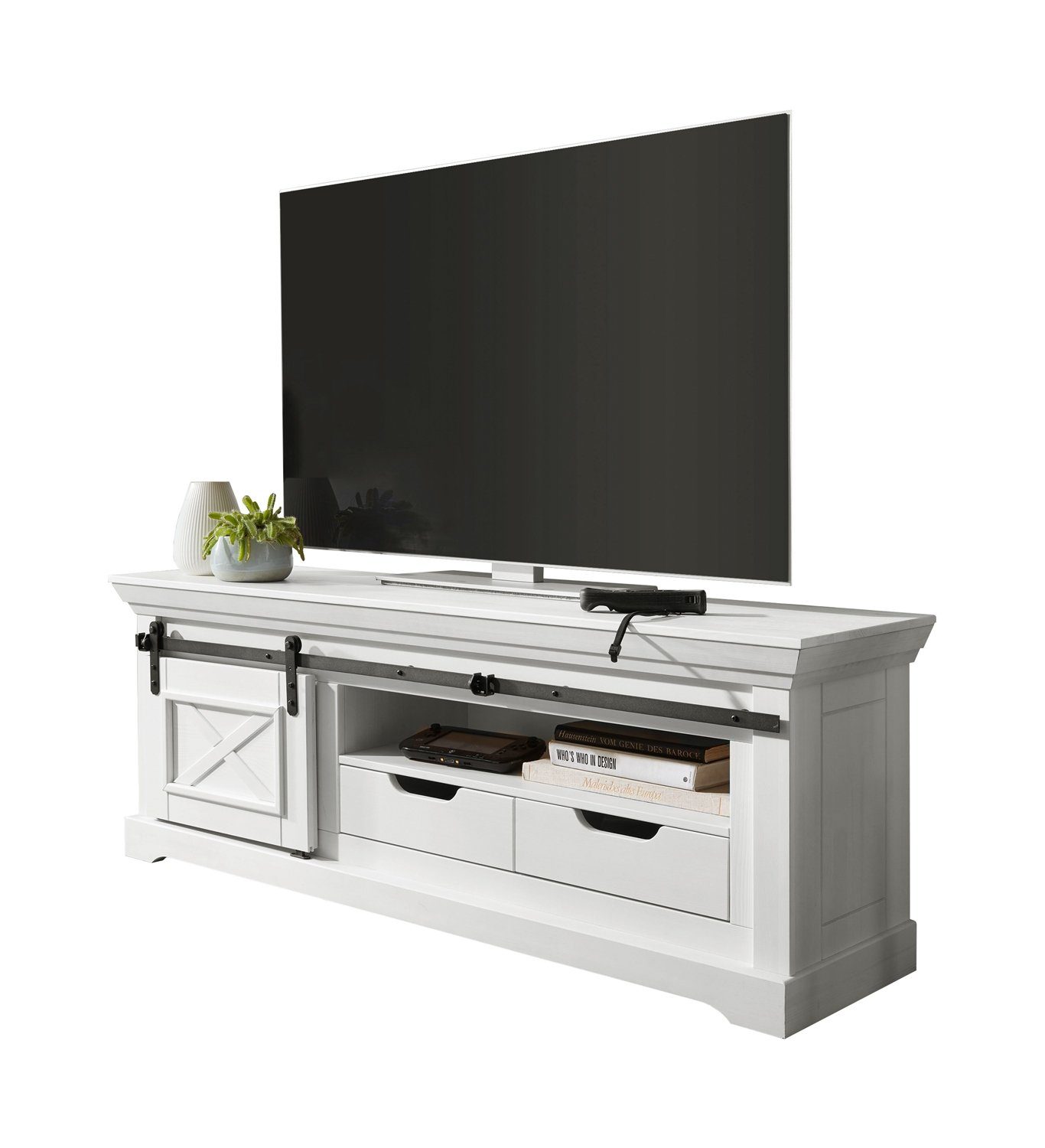 G+K Мебліvertriebs GmbH Lowboard TV-Element, ASPEN, Weiß, B 153 cm, T 40 cm, Kiefernholz massiv gewachst, mit 1 Rolltür und 2 Schubladen