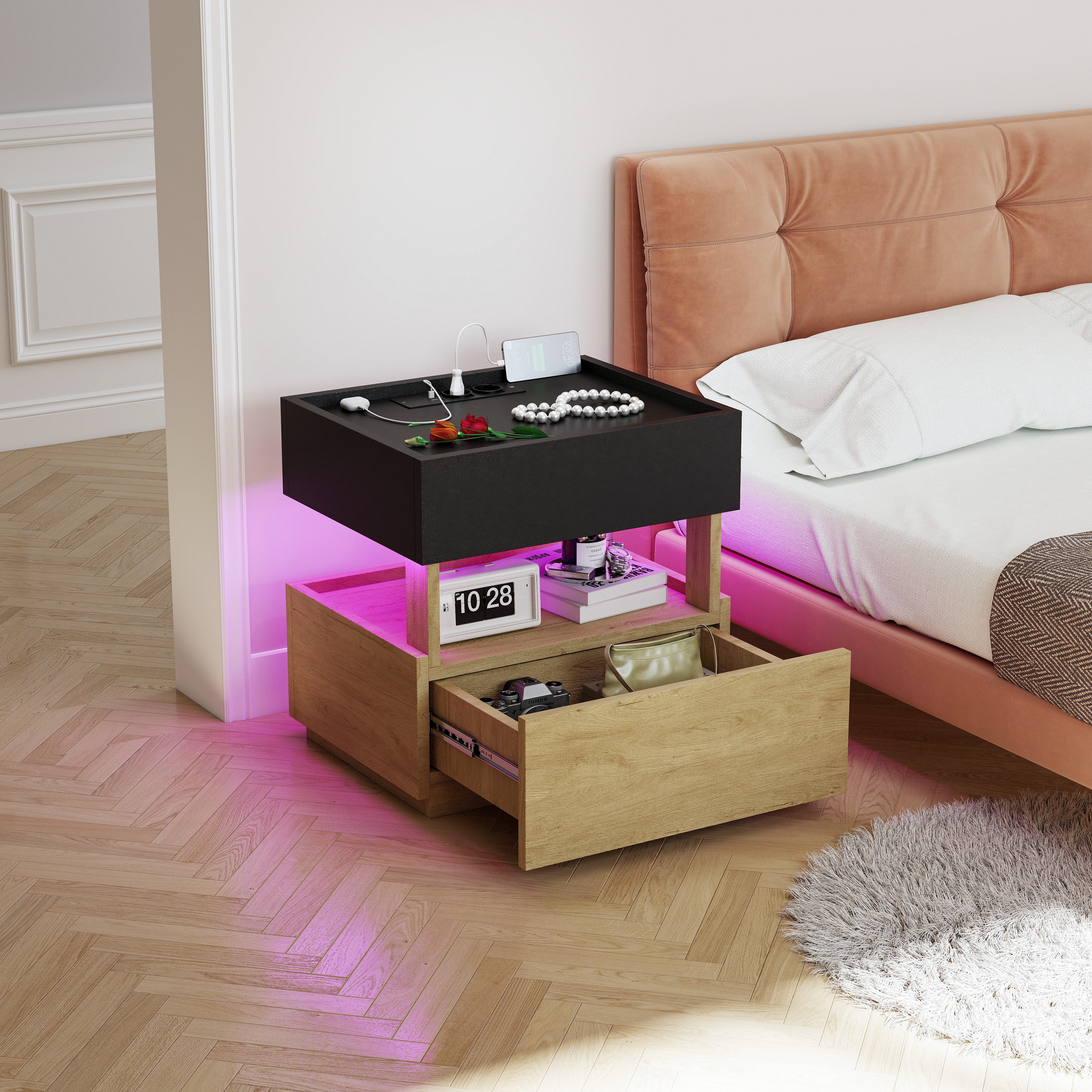 STILVORA Sideboard Nachttisch mit kabelloser Ladefunktion Beistelltisch mit LED (Modernes Nachttisch mit Wireless Charging und 2 Schubladen, Holz+Schwarz, Spanplatte, kompakt, ca.45×35×55cm, stabiler Rahmen), für Schlafzimmer, Bettseite oder Sofa, urbanes Wohnambiente