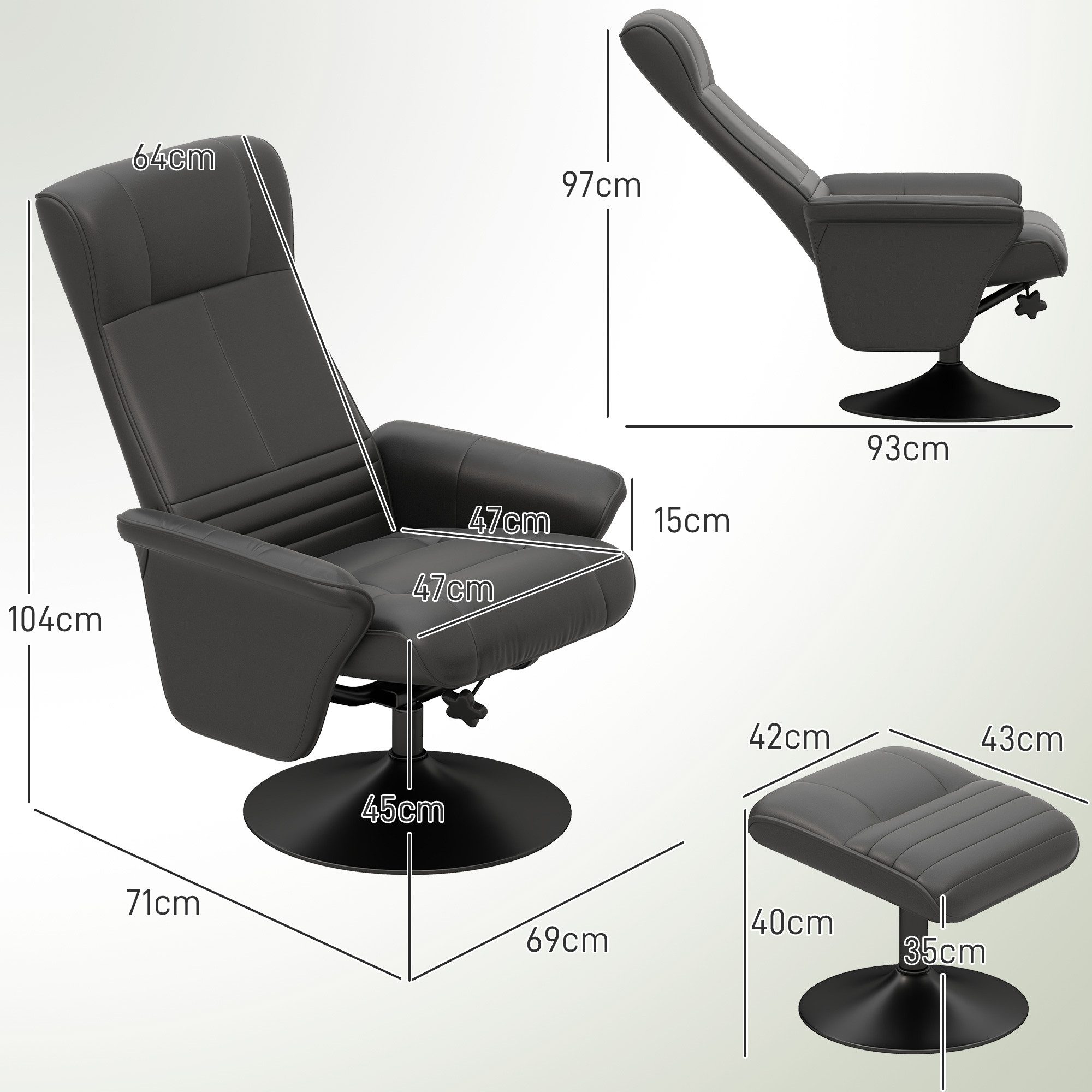 HOMCOM Relaxsessel TV Sessel 360°drehbarer Liegesessel mit Hocker (Fernsehsessel, 2-St., TV-Sessel), für Wohnzimmer, Schlafzimmer, Mikrofasertuch, Schwarz