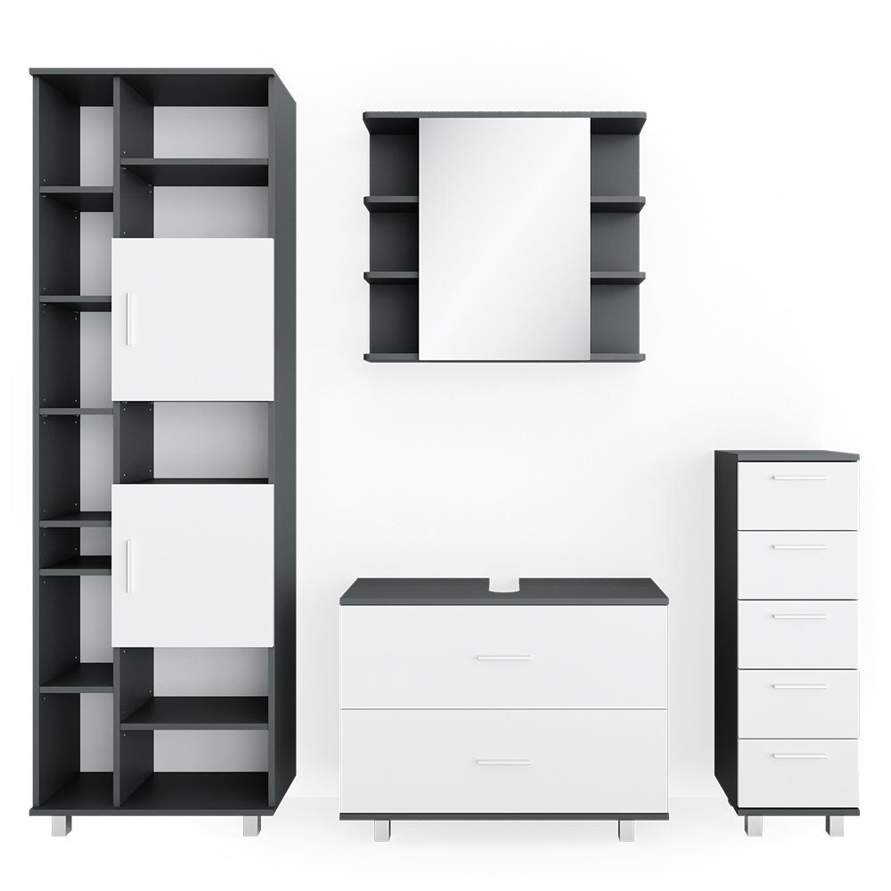 Vicco Badmöbel-Set Ilias, Anthrazit/Weiß, 4 Teile, mit Hochschrank, (3-er Set, 4-St., 4er Set)