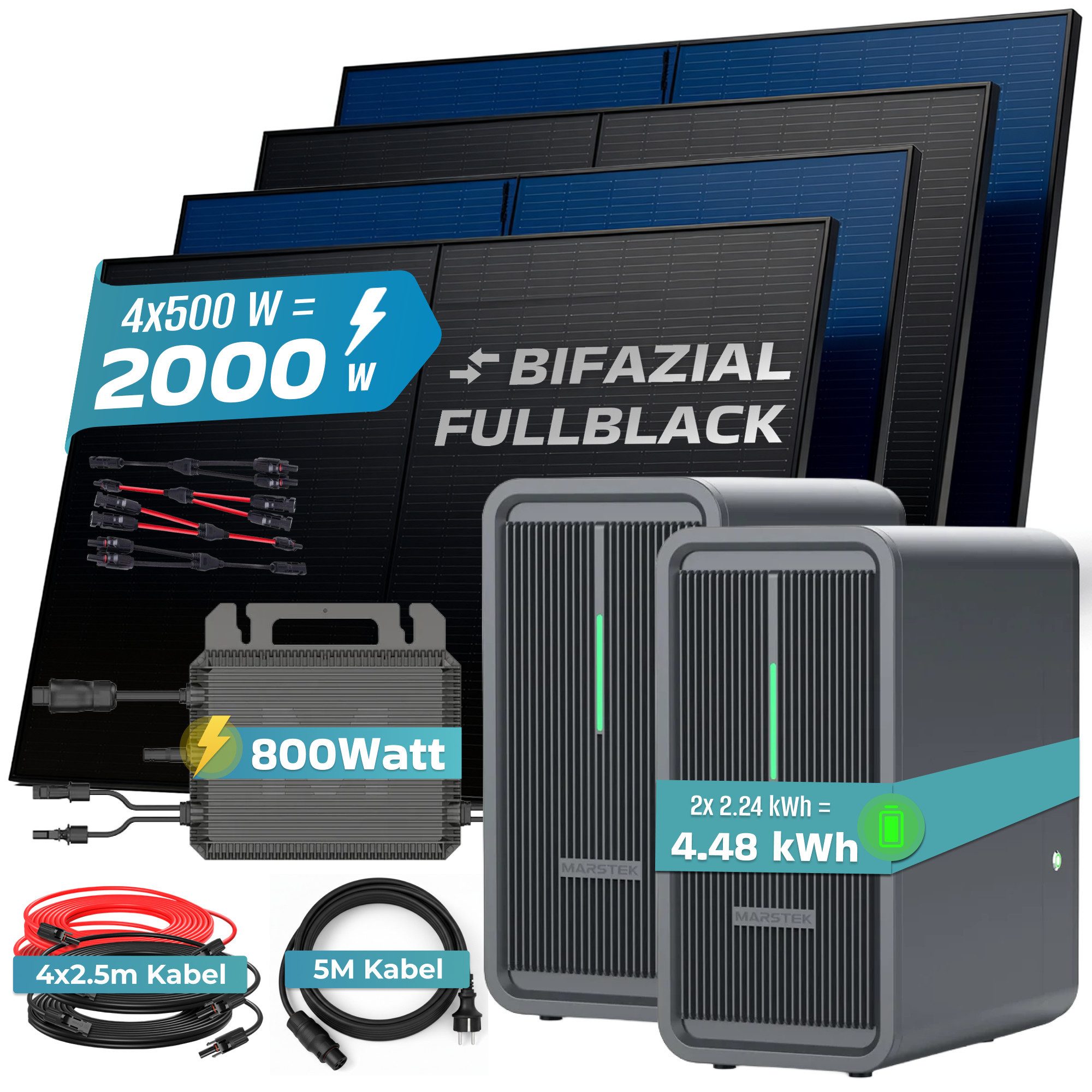 SUNNIVA Balkonkraftwerk 2000W mit 4.48 kWh Speicher MARSTEK 2x B2500-D, (BIFAZIAL FULLBLACK komplett Steckdose, PV Solaranlage Komplettset mit Solarspeicher, 4x 500W N-Type Glas-Bifacial Module)