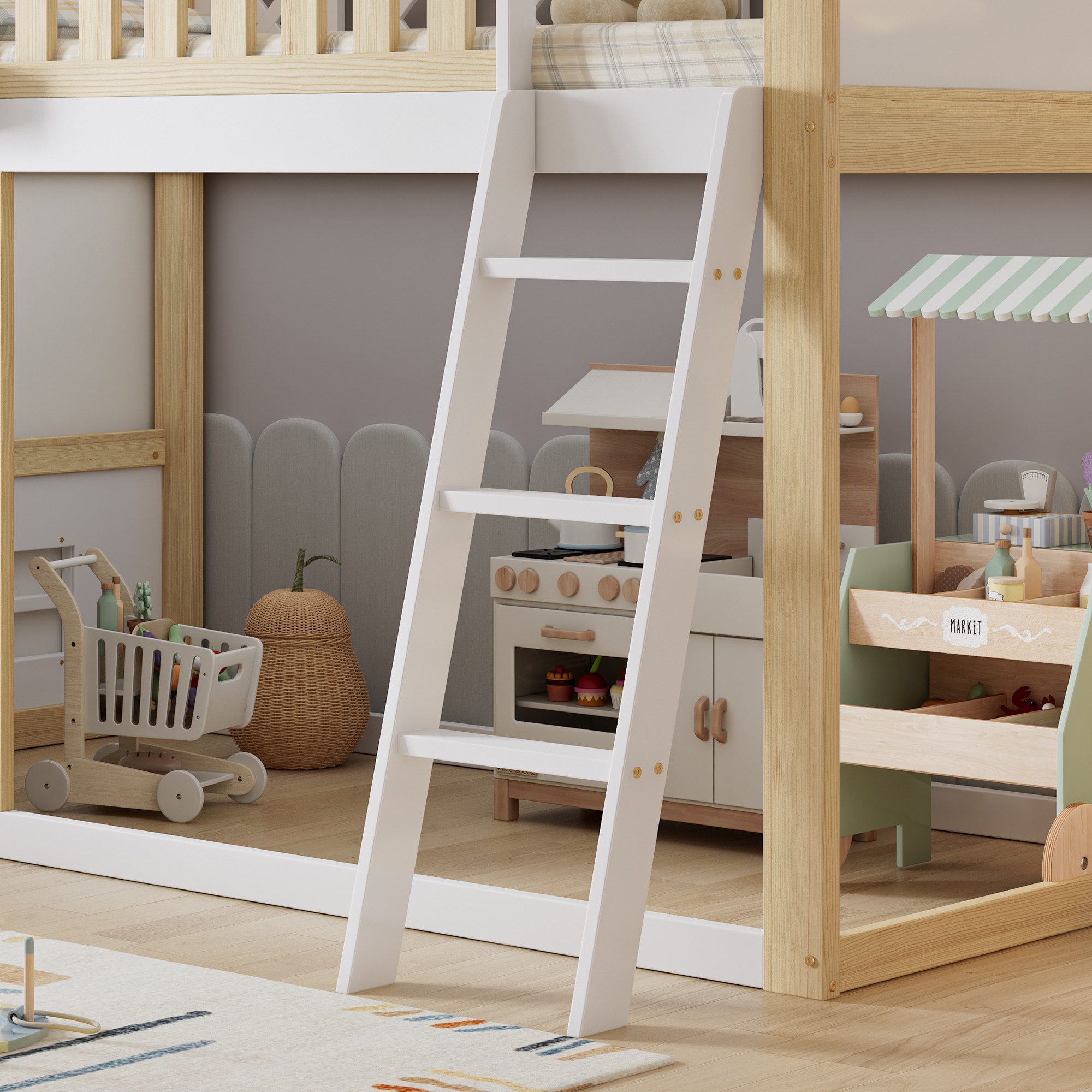 Flieks bunk bed, children's loft bed 90x200cm with chalkboard, storage box, angled ladder