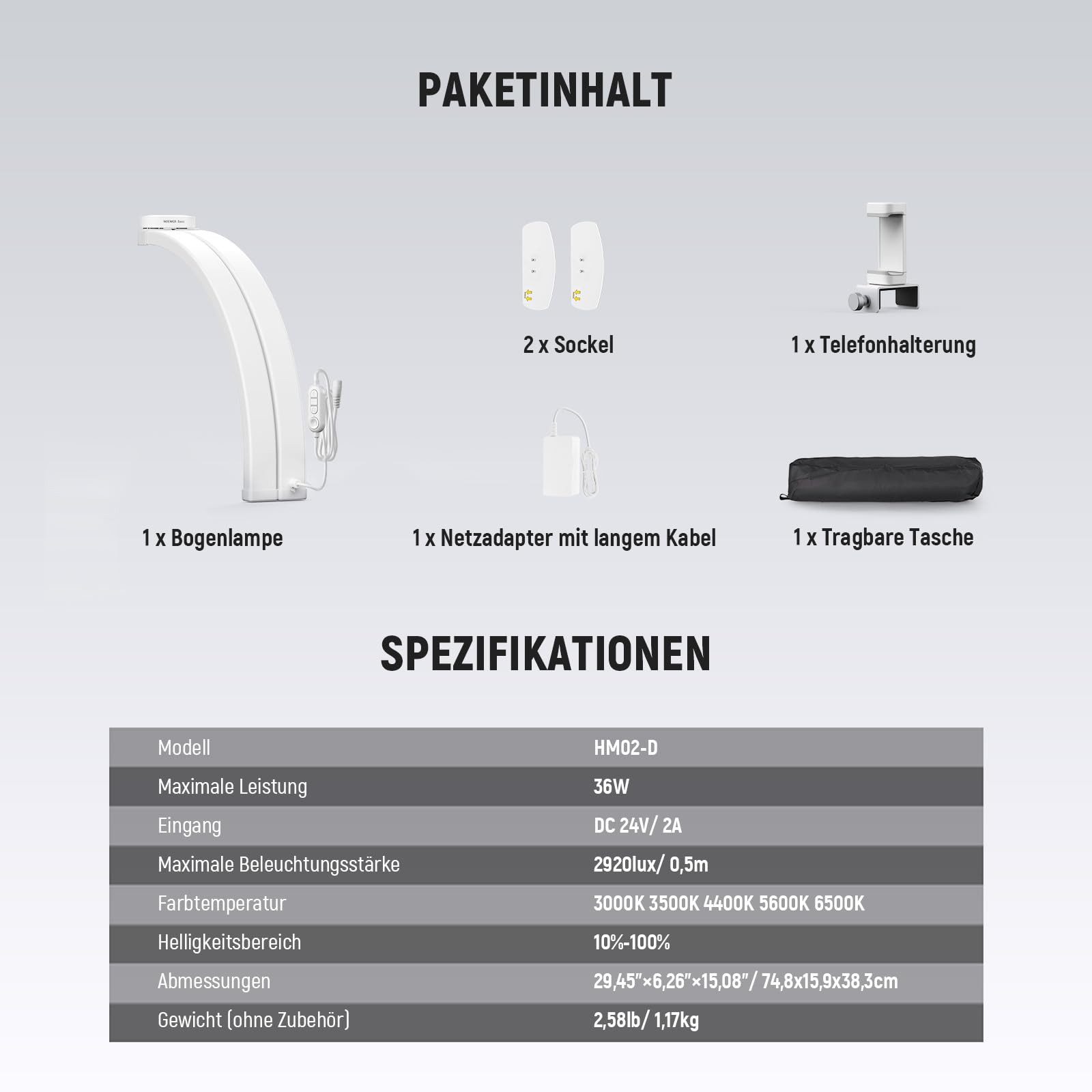 Neewer LED Schreibtischlampe HM02-D 29" Halbmond Nagellampe für Tisch, 36W, Klappbare, LED fest integriert, 3000K bis 6500K, 1 x Linker Sockel, 1 x Rechter Sockel, 1 x Telefonhalterung, 1 x Netzadapter mit langem Kabel, 1 x Benutzerhandbuch, Nagelstudio Bogenlampe, Halb Ringlicht, mit Handyhalter, für Makeup