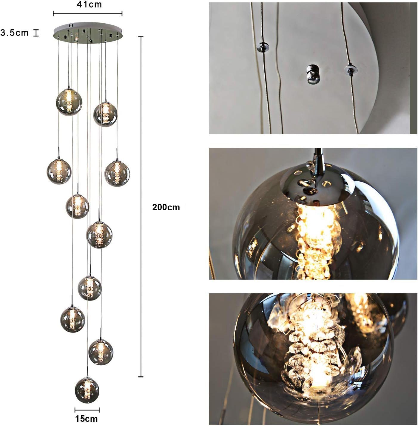 ZMH Pendelleuchte Esstisch 150CM Höhenverstellbar Pendellampe Kronleuchte Wohnzimmer, Glaskugel Hochwertige Design, LED wechselbar, 10-Flammig Grau Esszimmerlampe Schlafzimmer