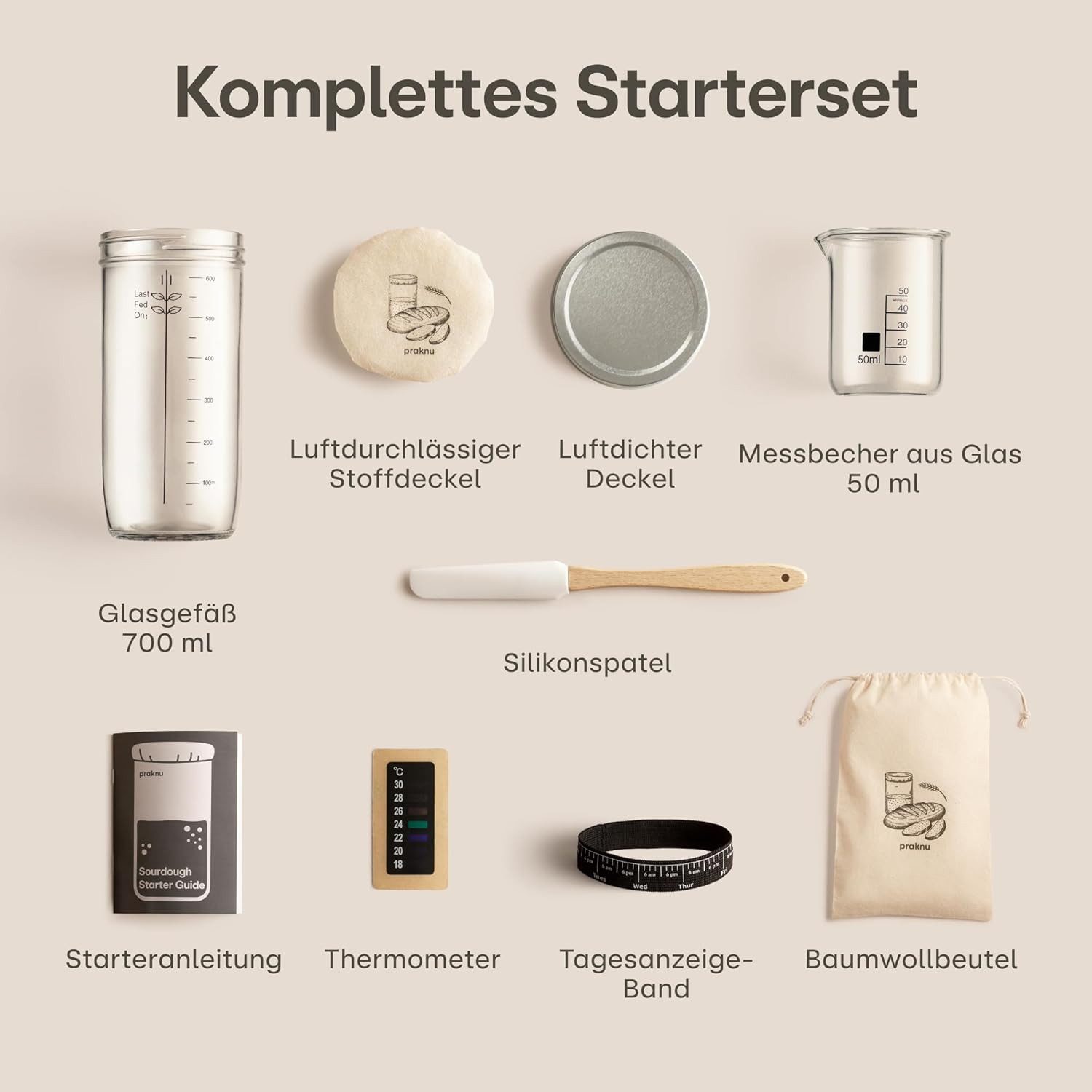 Praknu Fermentationsglas Sauerteig Starter Set aus Glas (700 ml) Komplett-Set mit Anleitung, Glas, Silikon, Baumwolle, Metall, (Starter Set, Komplett-Set für Sauerteigkultur), Plastikfrei, spülmaschinengeeignet, für Anfänger