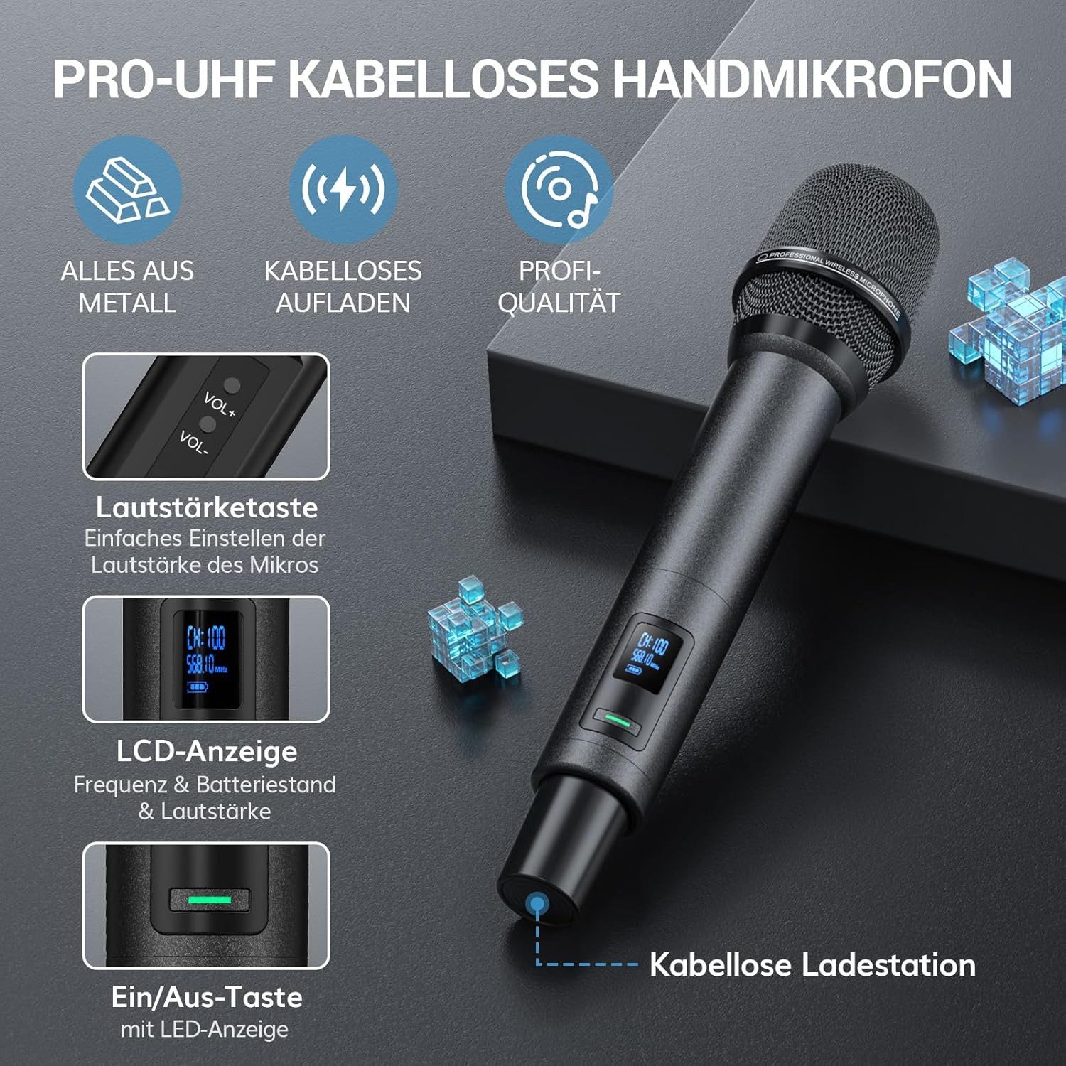 TONOR Mikrofon TONOR TW790 Funkmikrofon Set 2x Mikro UHF Wireless Wiederaufladbar LED
