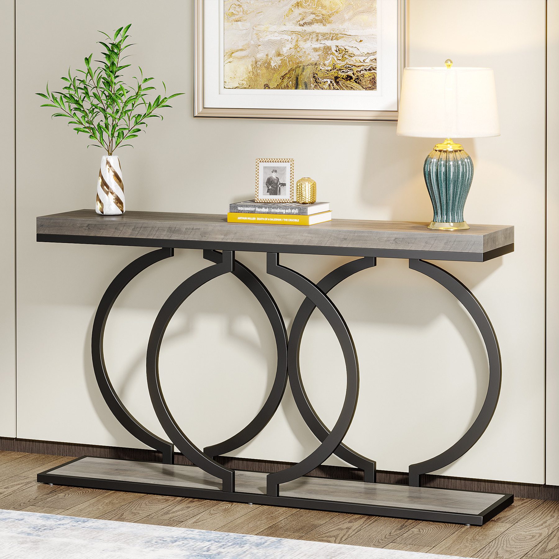 Tribesigns Konsolentisch Schmal, 140 cm lang Eingangsbereich, holz Flurtisch mit O-Form Base (30T x 140B x 80H cm), Holz Sofatisch Foyertisch für Wohnzimmer, Grau und Schwarz