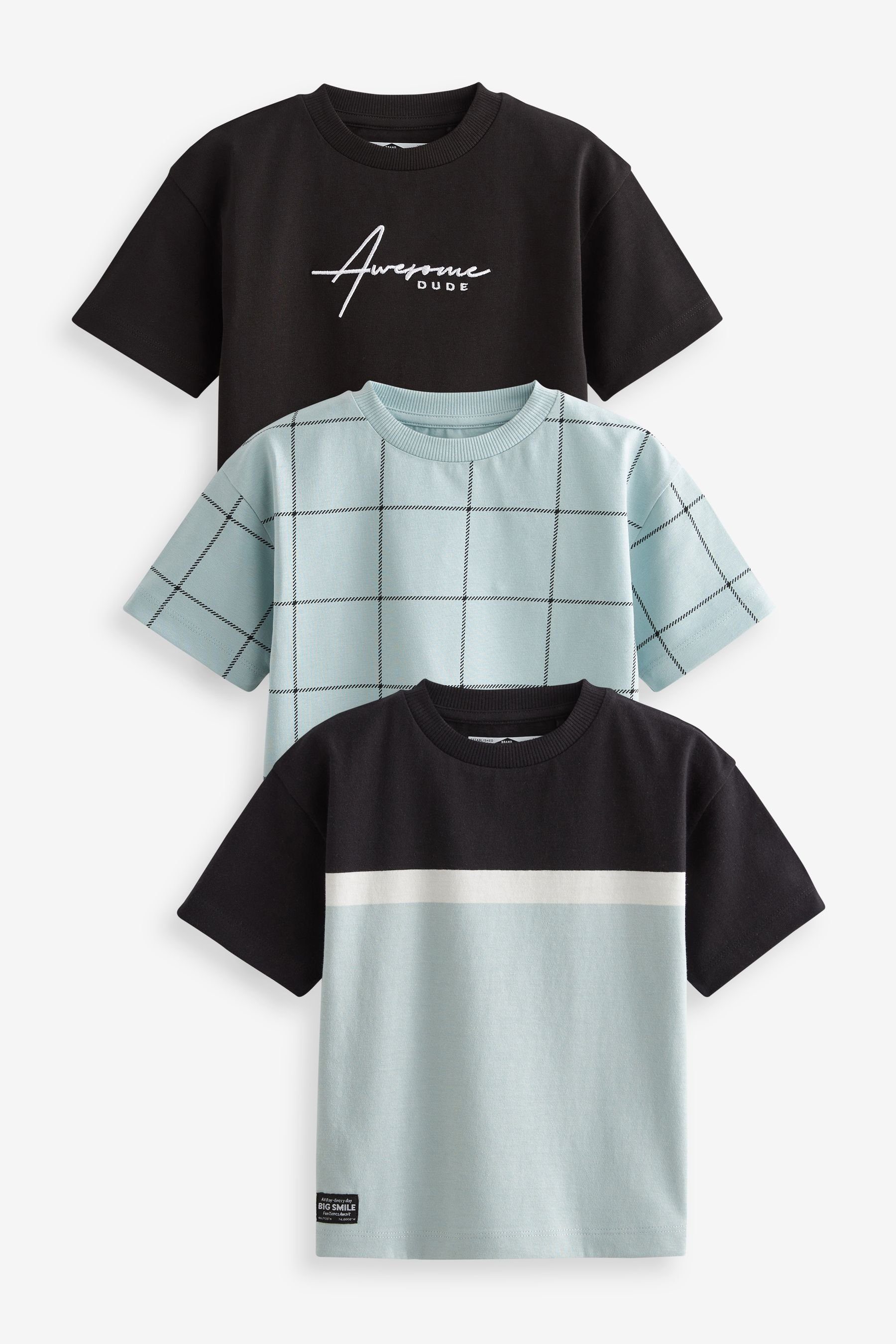 Next T-Shirt Kurzarm-T-Shirts mit Figur, 3er Pack (3-tlg) Blue/Black Colourblock Oversized | T-Shirts
