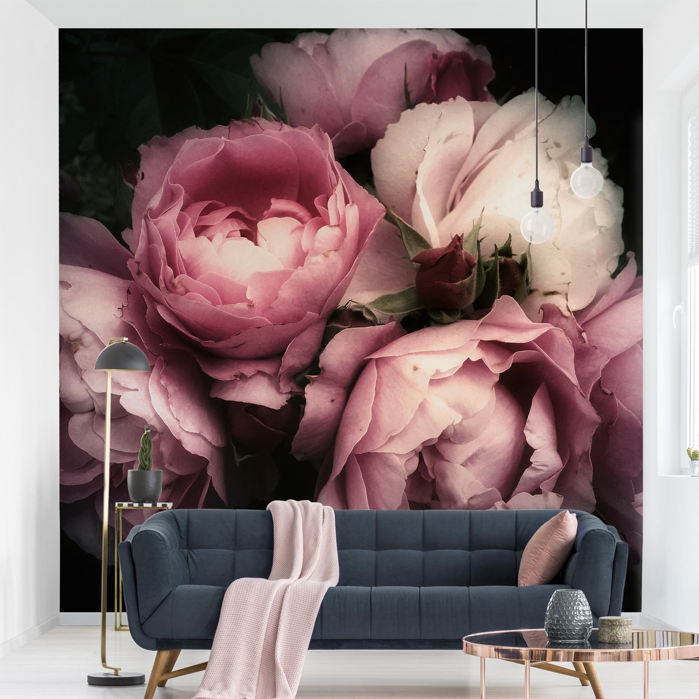 Bilderdepot24 Fototapete Rosen Pfingstrosen Schwarz Shabby Blumen Natur Pflanzen Wanddeko, Glatt, Matt, (Vliestapete inkl. Kleister oder selbstklebend), Wohnzimmer Schlafzimmer Küche Flur Motivtapete Vliestapete Wandtapete
