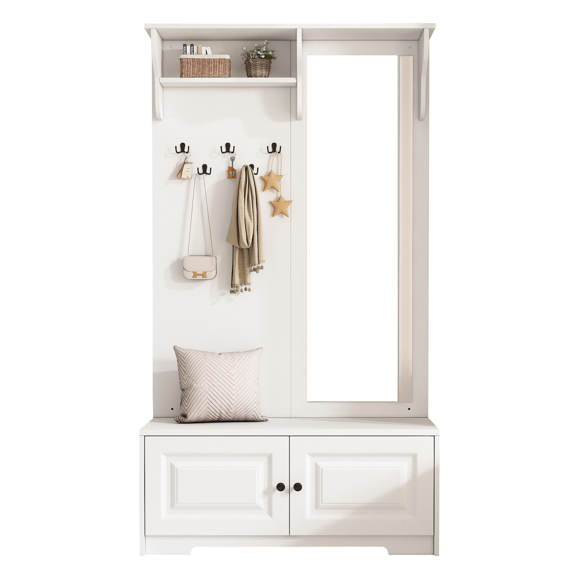 ANYSUN Kleiderständer Garderobenständer Garderobe, (Set, mit Spiegel, 5 Kleiderhaken, 2 Schränken und Regal), 2 Ablagefacher