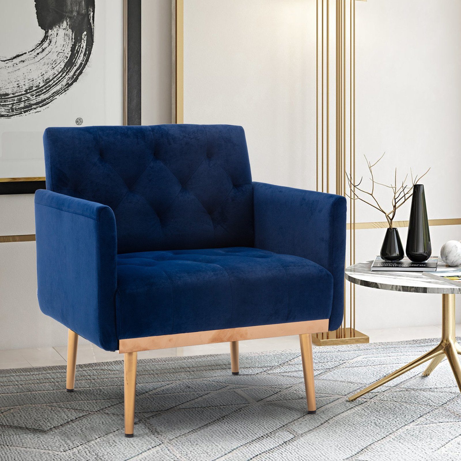 SEEZSSA Sessel Sessel Wohnzimmer Tufted Accent Chair Freizeit Lesestuhl Einzelsofa, Metallisch Füßen Fernsehsessel Relaxsessel Cocktailsessel Clubsessel Blau